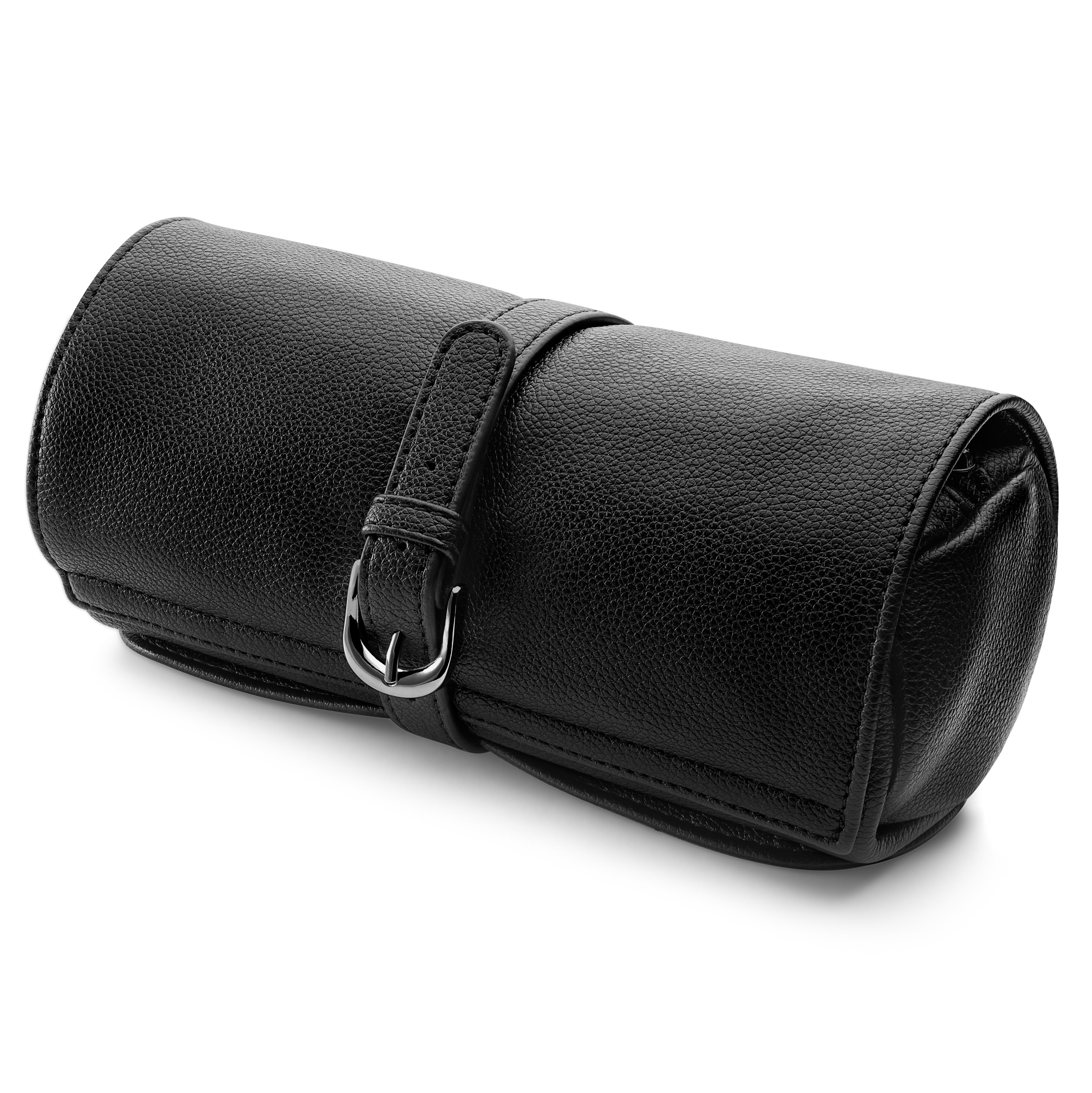 Black Leather Watch and Jewellery Travel Roll Black Leather Watch and Jewellery Travel Roll