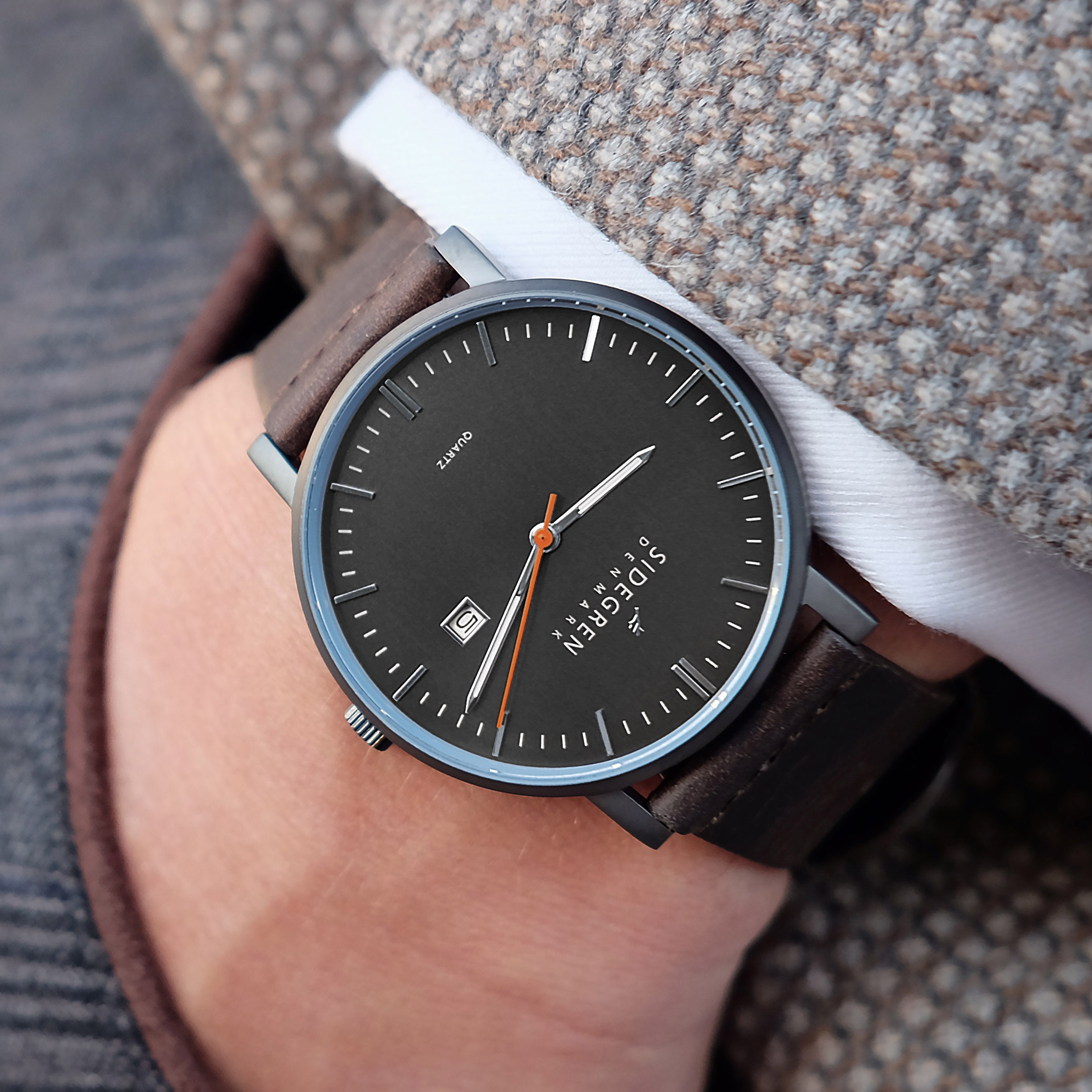 Kevil | Dark Grey Slim Dress Watch With Dark Grey Dial & Brown Leather Strap - 5