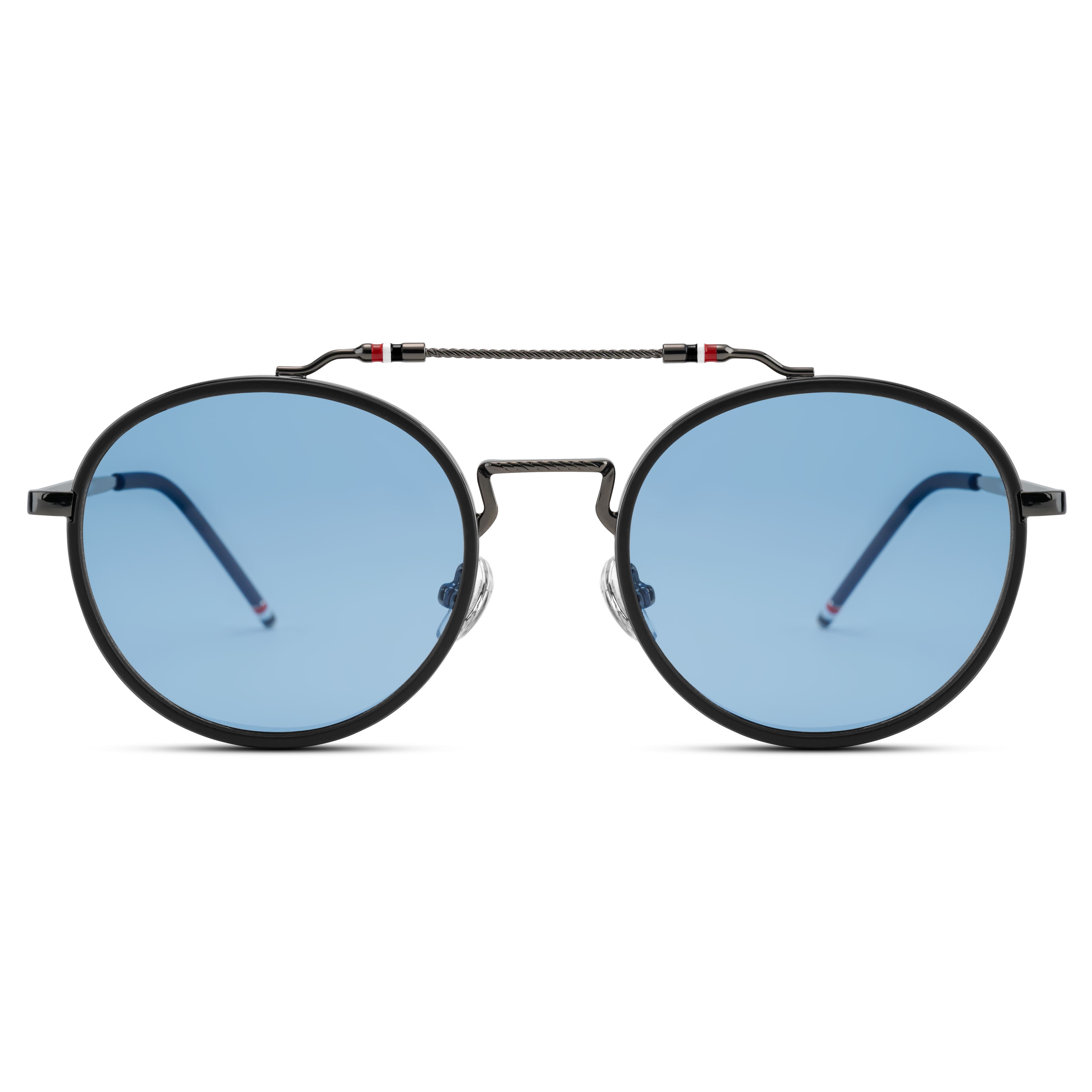 Occasus | Okrągłe niebieskie polaryzacyjne okulary przeciwsłoneczne z podwójnym mostkiem