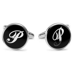 Round Silver-Tone & Black Letter P Initial Cufflinks