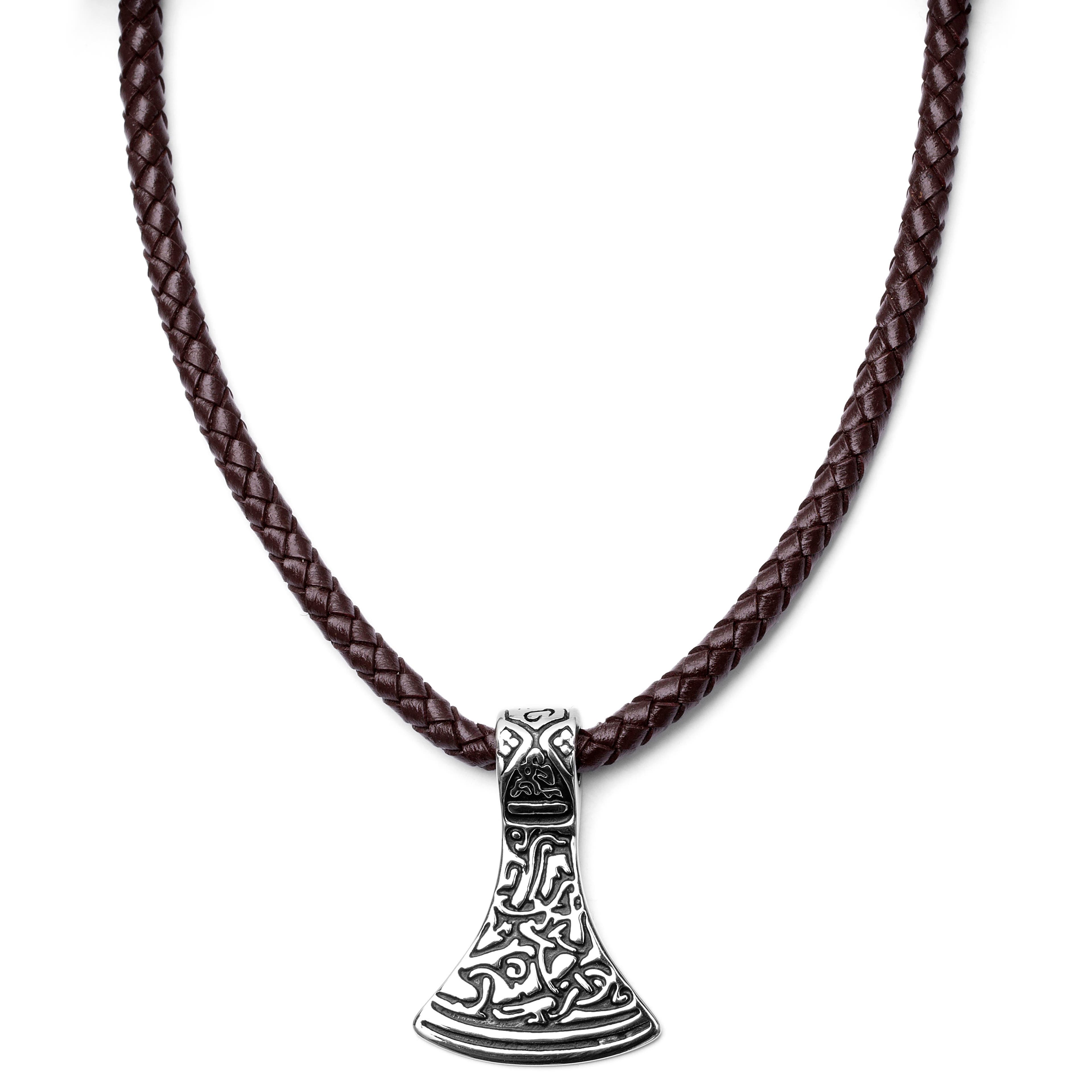 Leather Cord Charm Necklace Brown / Silver Tone
