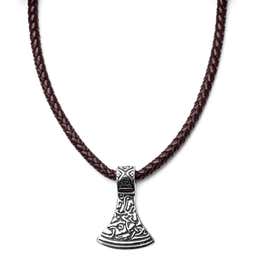 Silver-Tone Steel Rune Brown Leather Necklace