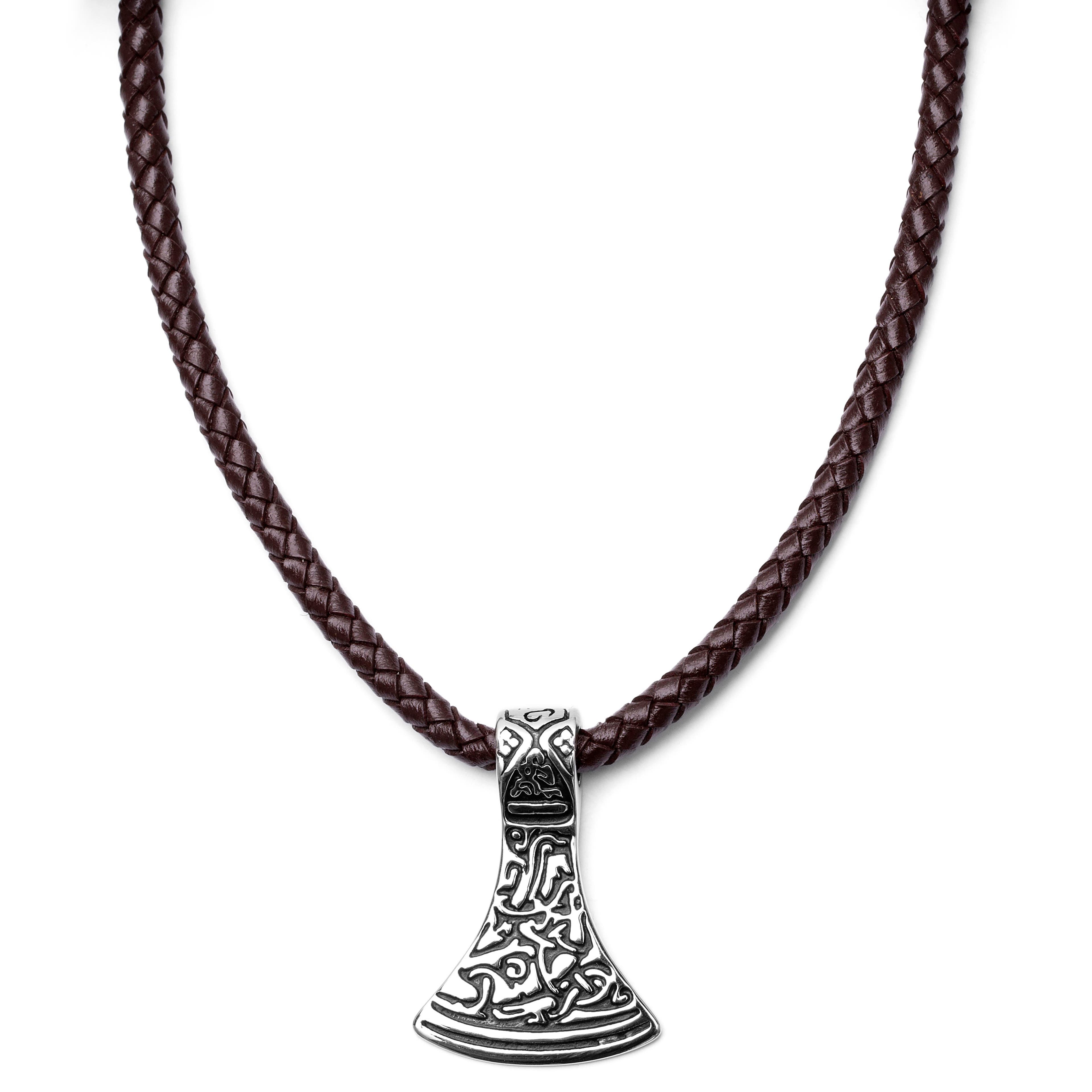 Collier en cuir marron et rune argentée