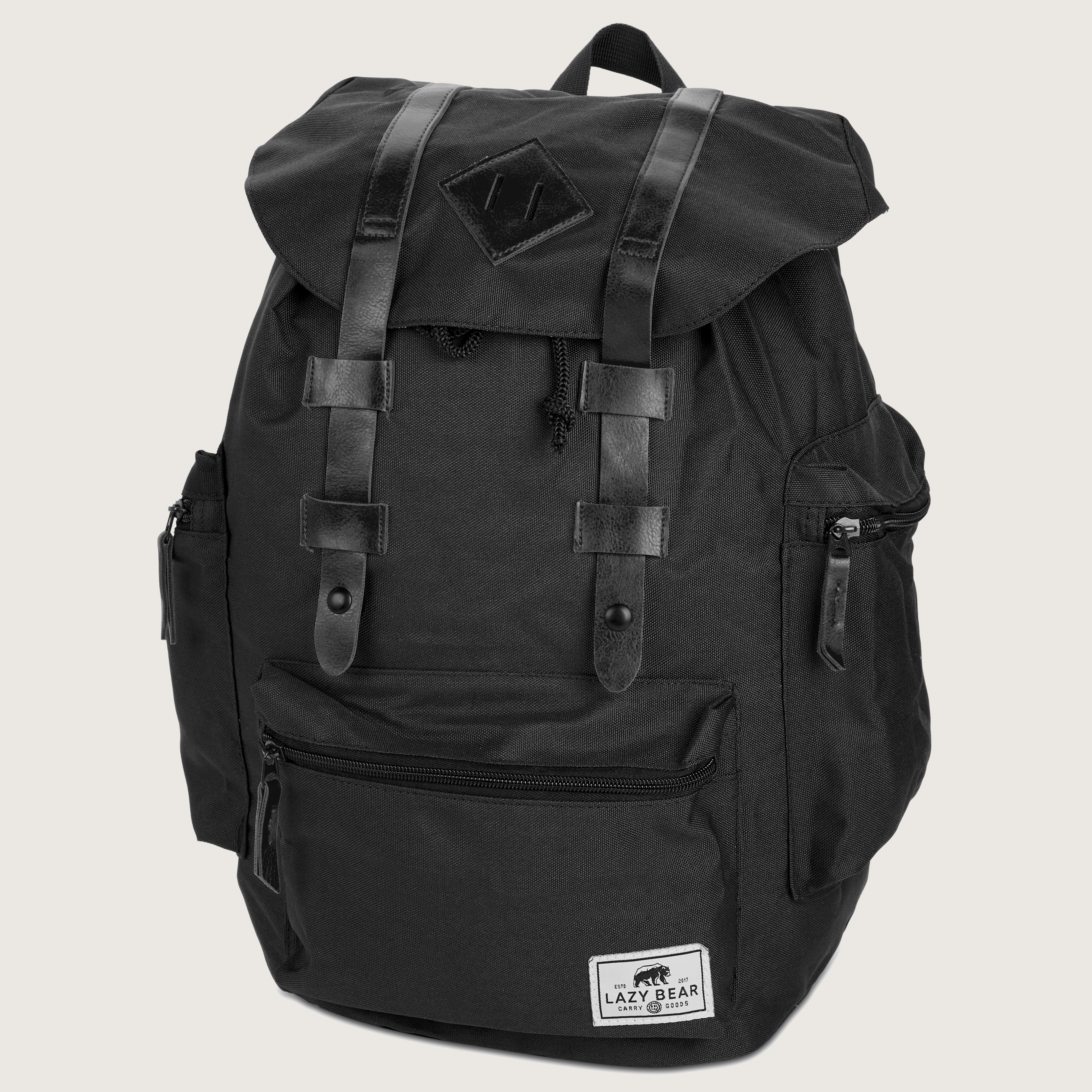 Lewis | Black Polyester & Faux Leather Adventure Backpack | In