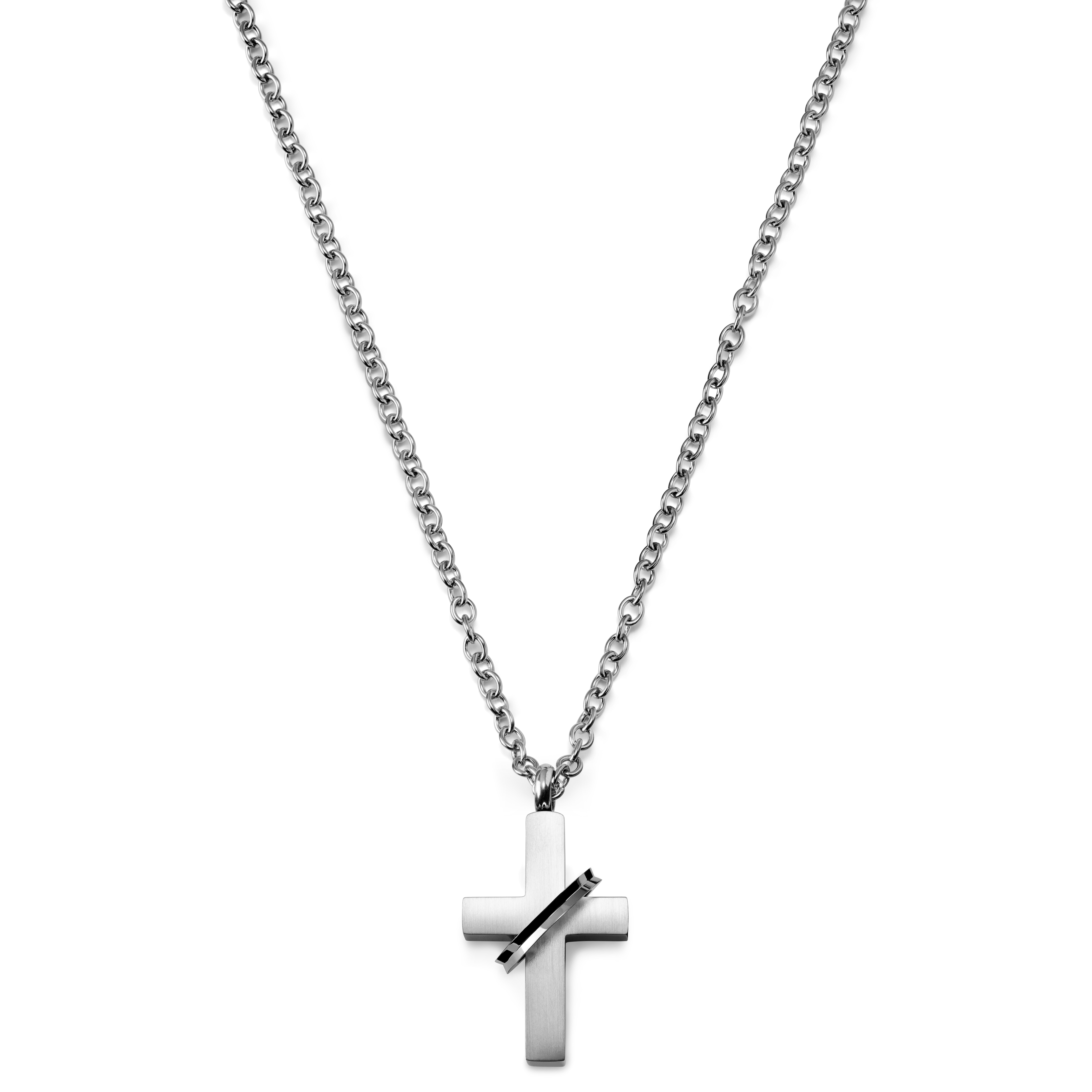Kurze Silberfarbene Kreuzkette Mit Ring - 3
