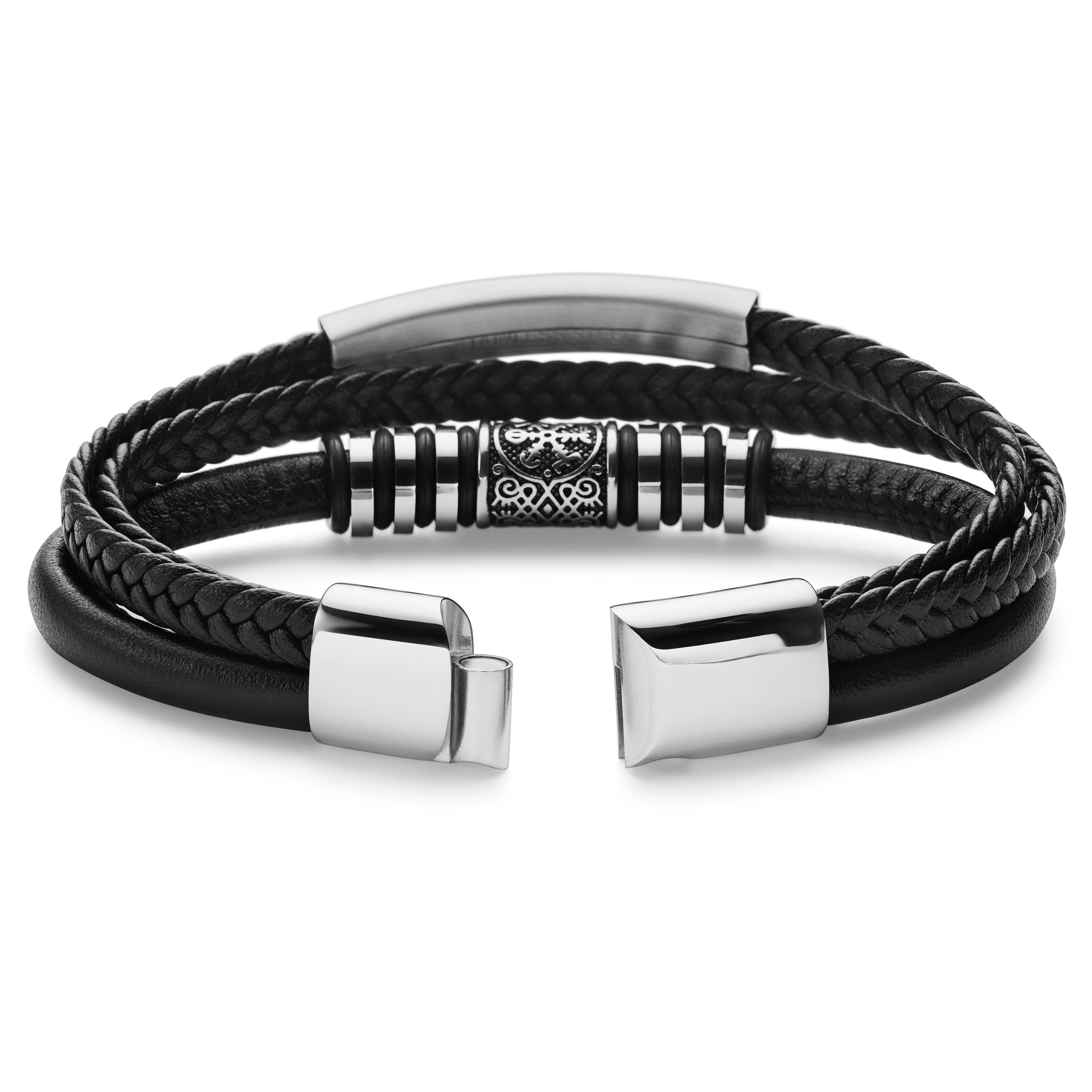 Silver-Tone Stainless Steel & Faux Leather Viking Compass ID Bracelet - 3