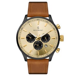 Troika II | Black Dual-Time Watch With Gold-Tone Dial & Cognac Leather Strap