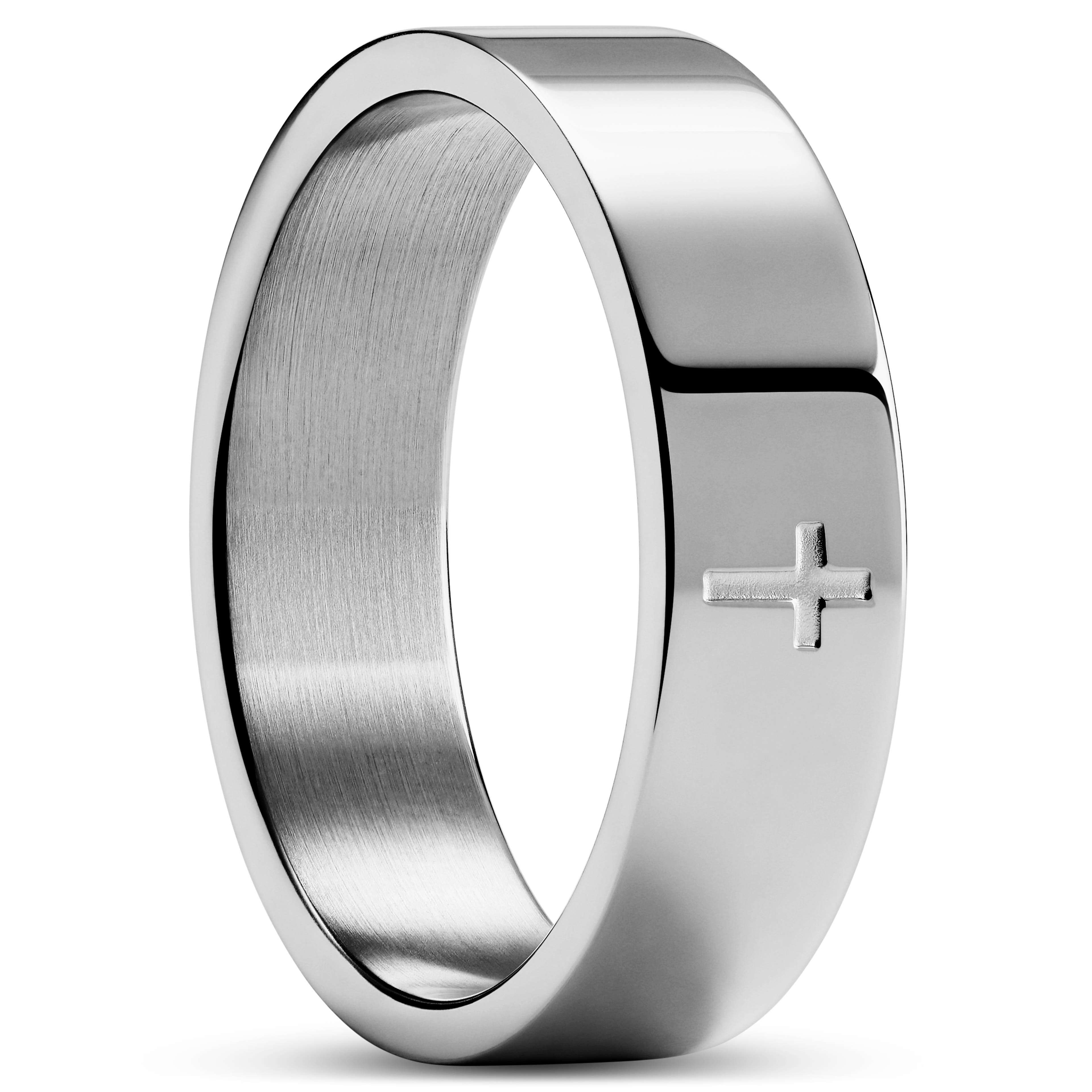 Unity | 6 mm srebrzysty pierścionek ze stali nierdzewnej z krzyżykiem