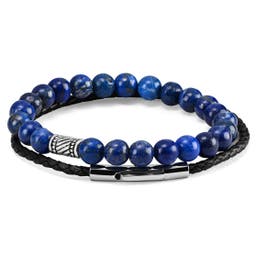 Blue Marble & Braided Leather Band Bracelet Set