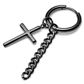 Czarny stalowy kolczyk z zawieszką w kształcie krzyżyka i łańcuszkiem