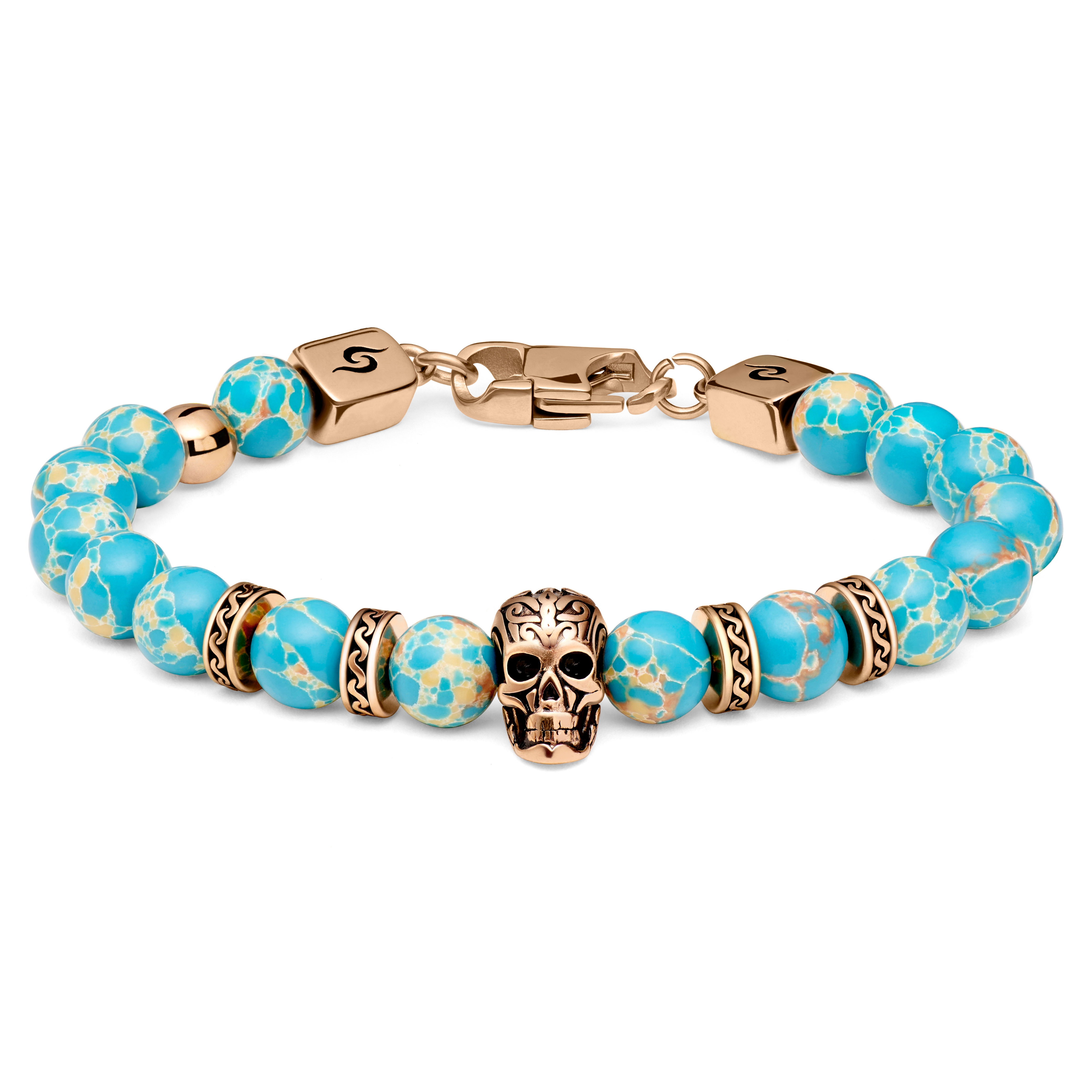 Rico Roségoldfarbene Armbänder aus Lavafelsen und Türkisen Imperial Jaspis Totenkopf - 4