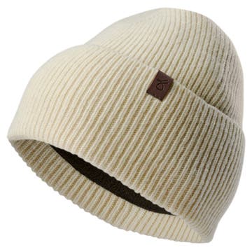Cremefarbene Mütze mit Umschlag aus recycelter Wolle