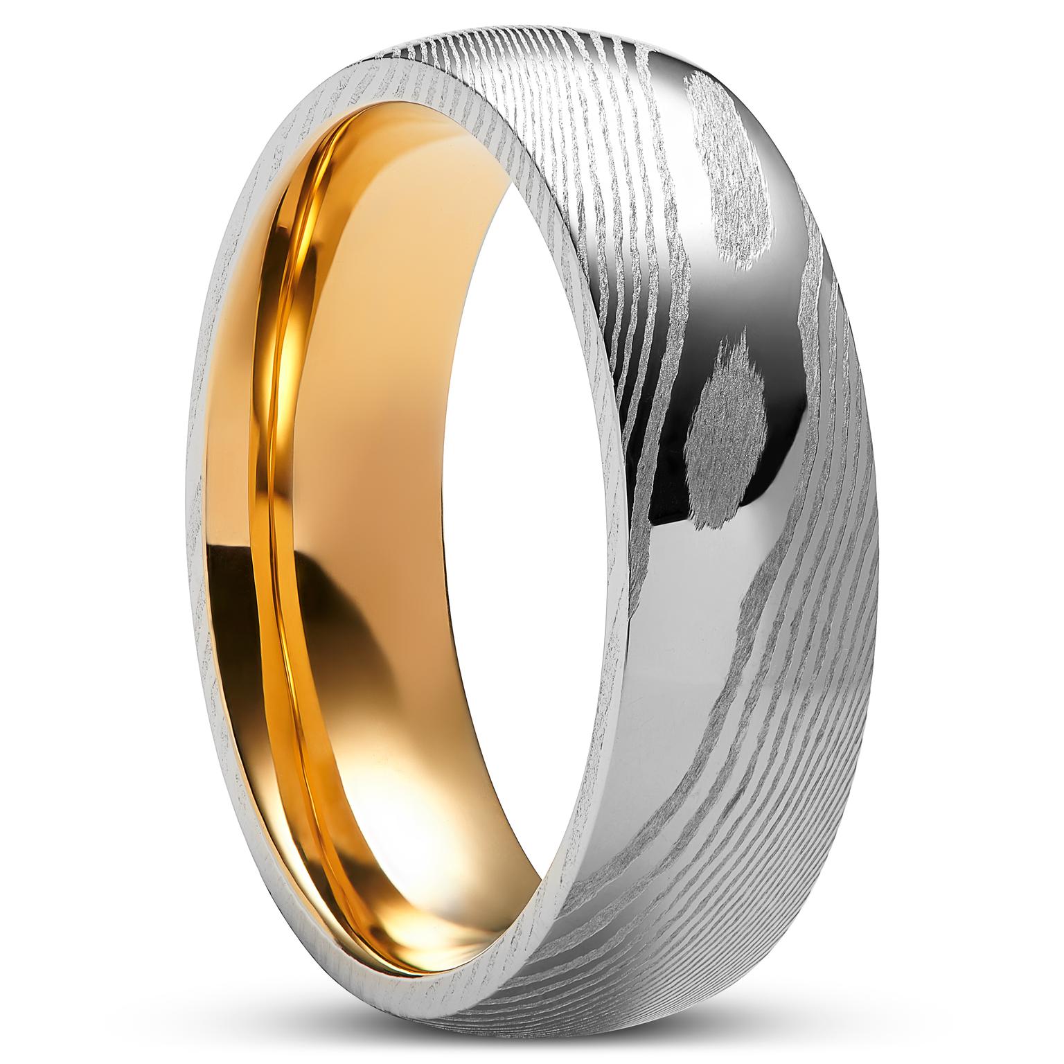 Fortis | Anneau en acier Damas et acier doré - 7 mm Fortis | Anneau en acier Damas et acier doré - 7 mm