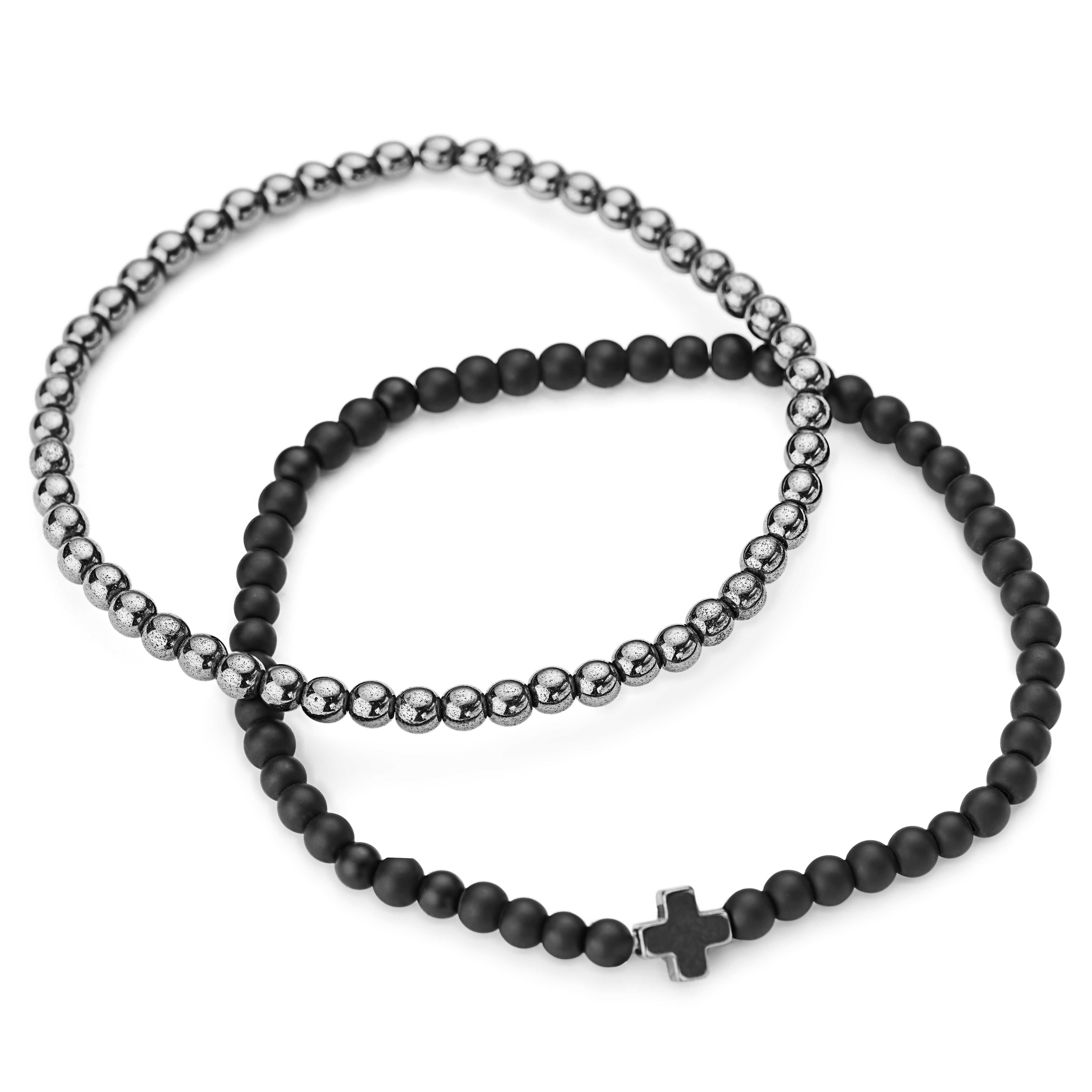 Black Onyx and Hematite Cross Bracelet Set - 2