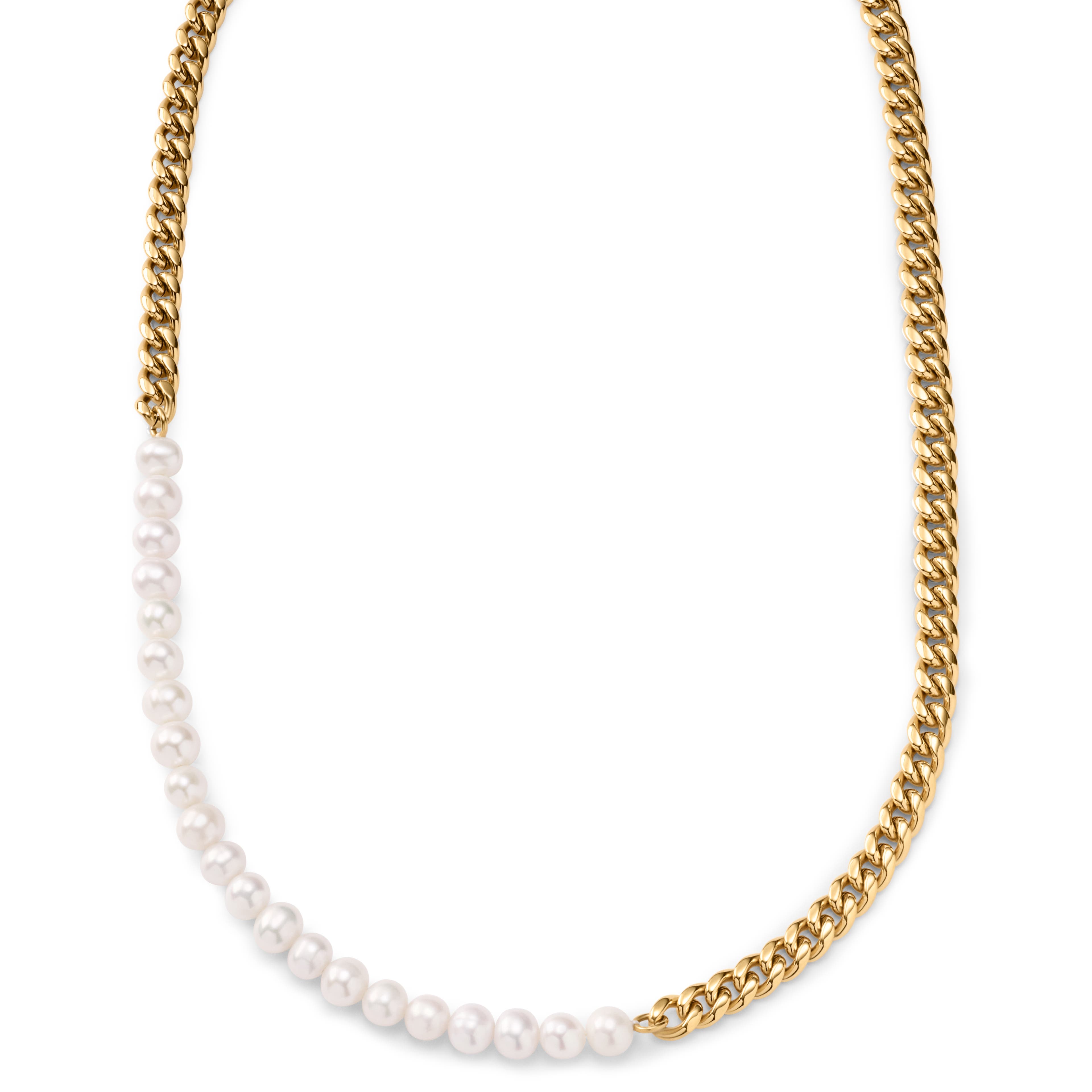 Ocata | Guldfarvet Curb Chain & Perle Halskæde