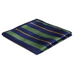 Pañuelo de bolsillo de seda azul marino con rayas verdes y doradas