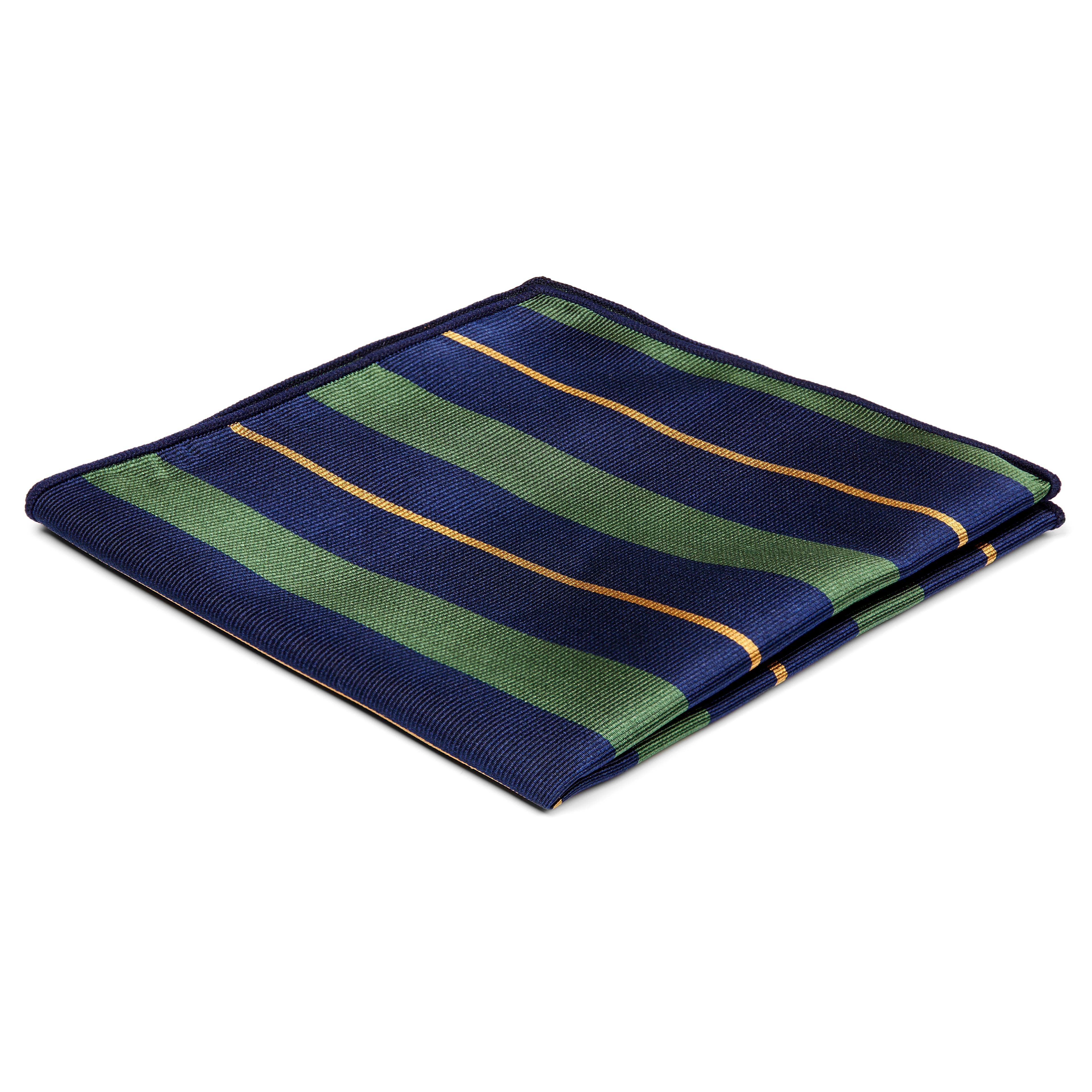 Pochette de costume en soie à rayures bleu marine, vertes et or 