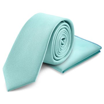 Светлосин комплект вратовръзка и кърпичка за сако