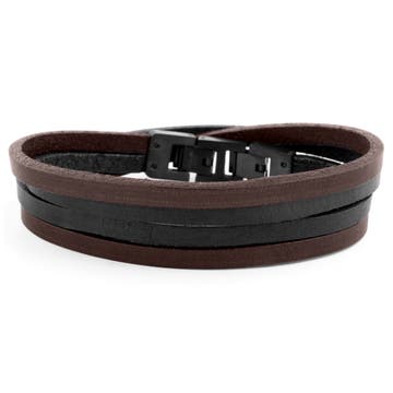 Roy | Black & Dark Leather & Stainless Steel Double Strap Bracelet