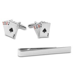 Silver-Tone Poker Tie Bar and Cufflinks Set