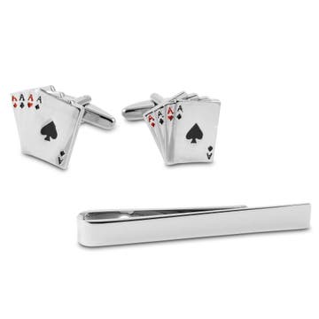 Sada kravatové spony a manžetových knoflíčků ve stříbrné barvě s pokerovým motivem