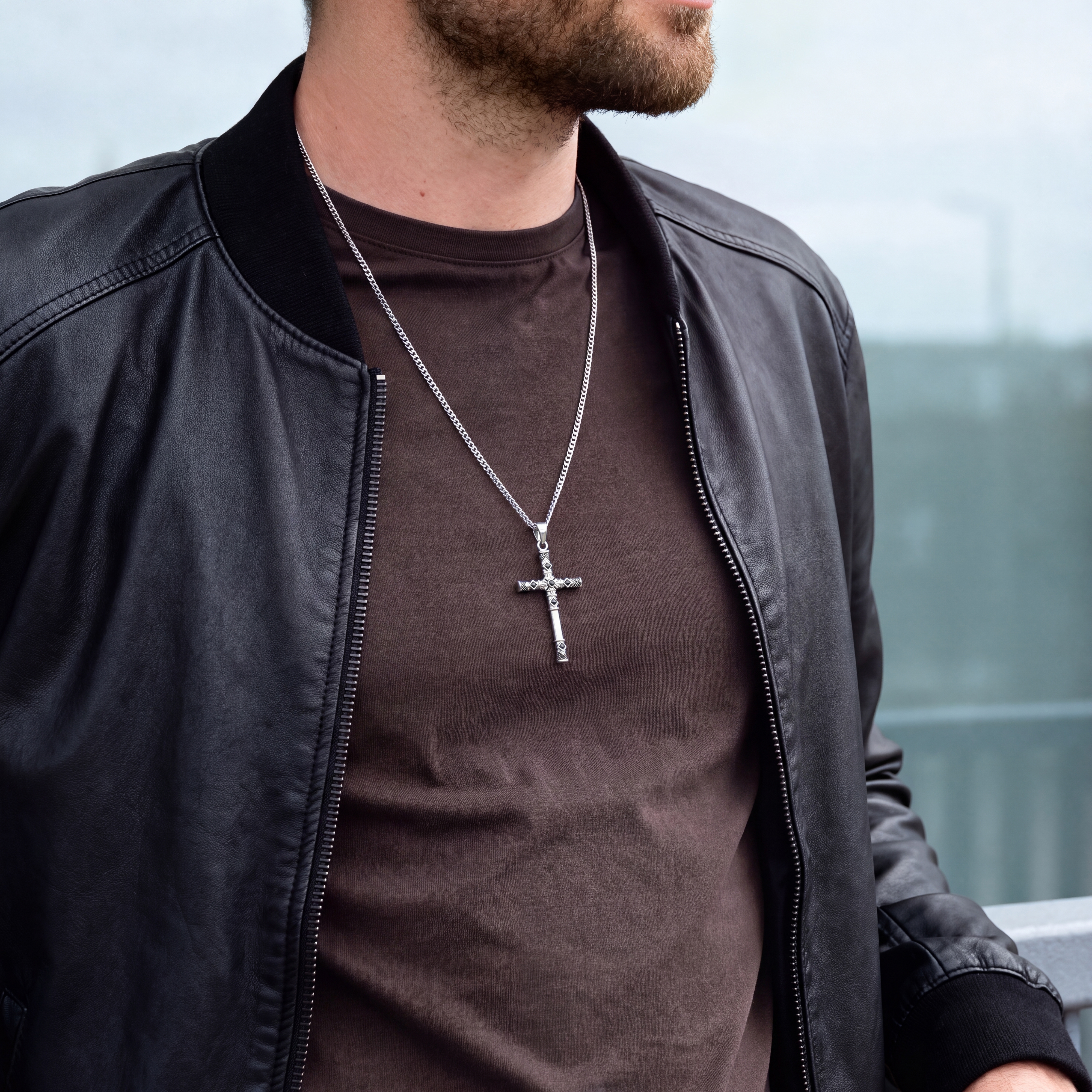 Vasilios Silverfärgade Kors med Svarta Zirkoner Halsband - 3