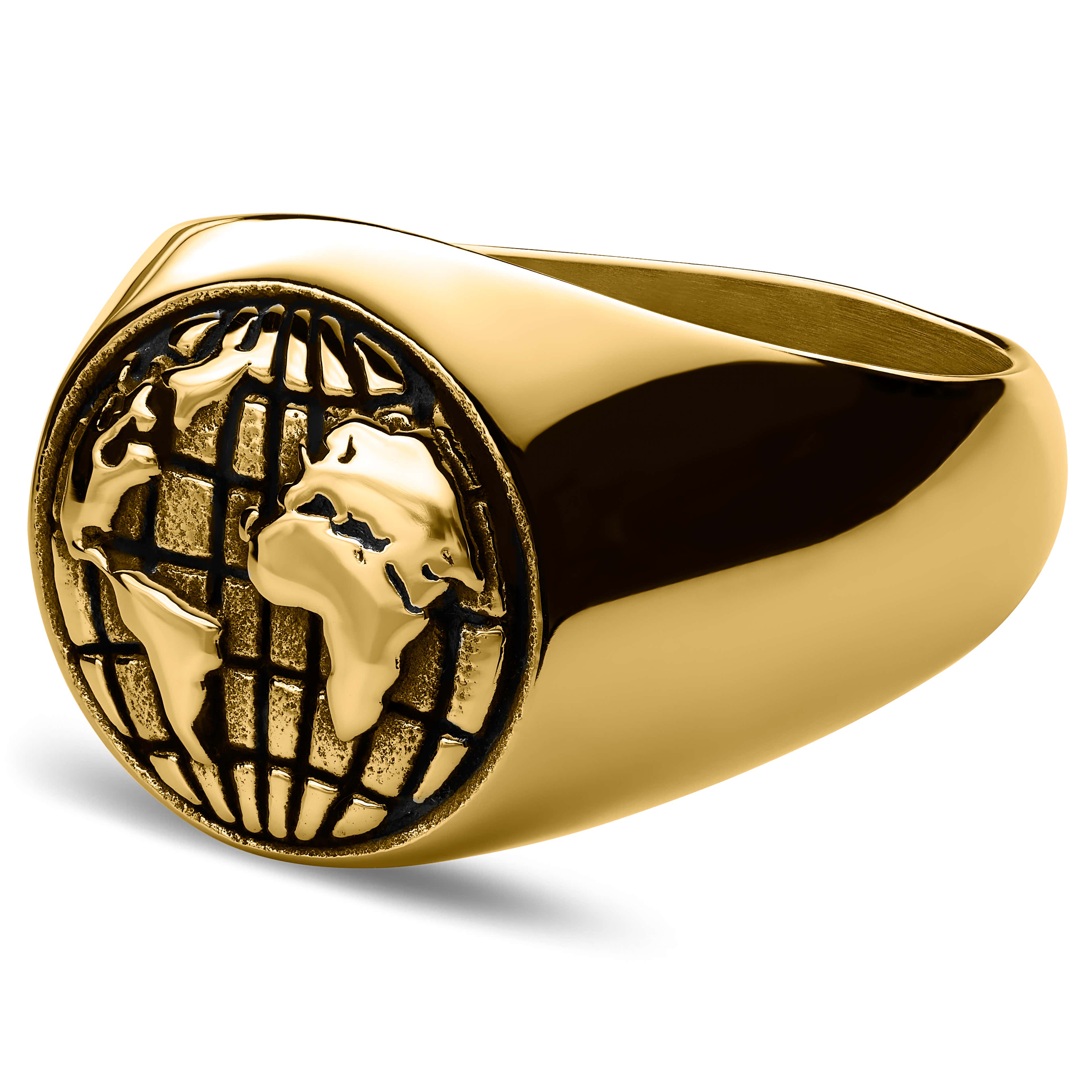Atlas | Златист стоманен пръстен печат с карта на света