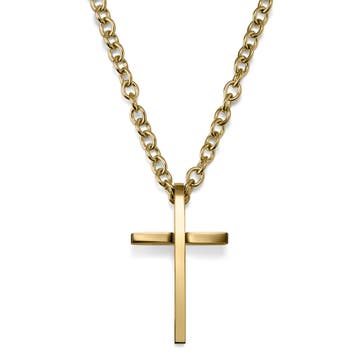 Collier à pendentif croix latine en acier doré & poli