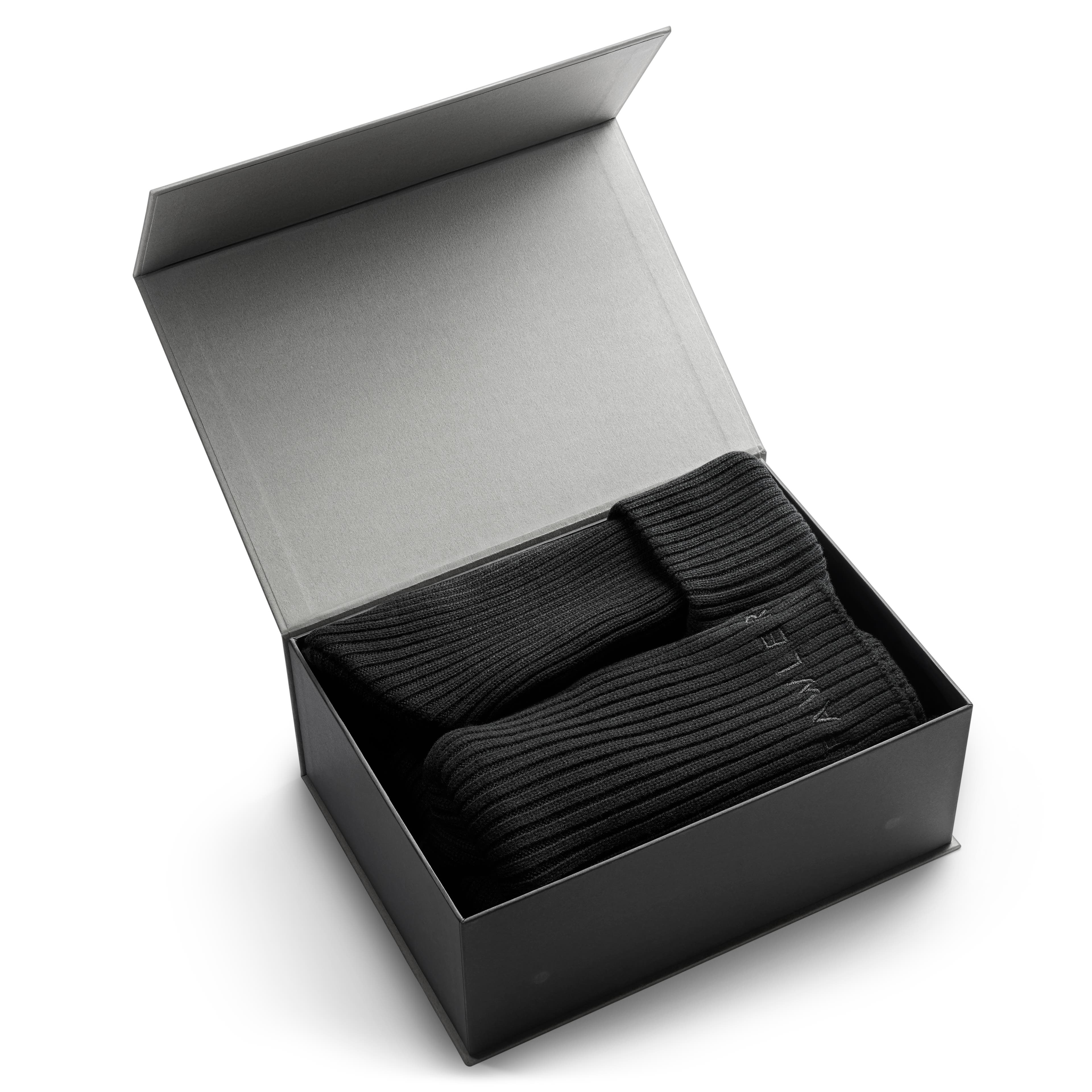 Coffret cadeau – Écharpe tube en laine mérinos noire et bonnet en coton - 1