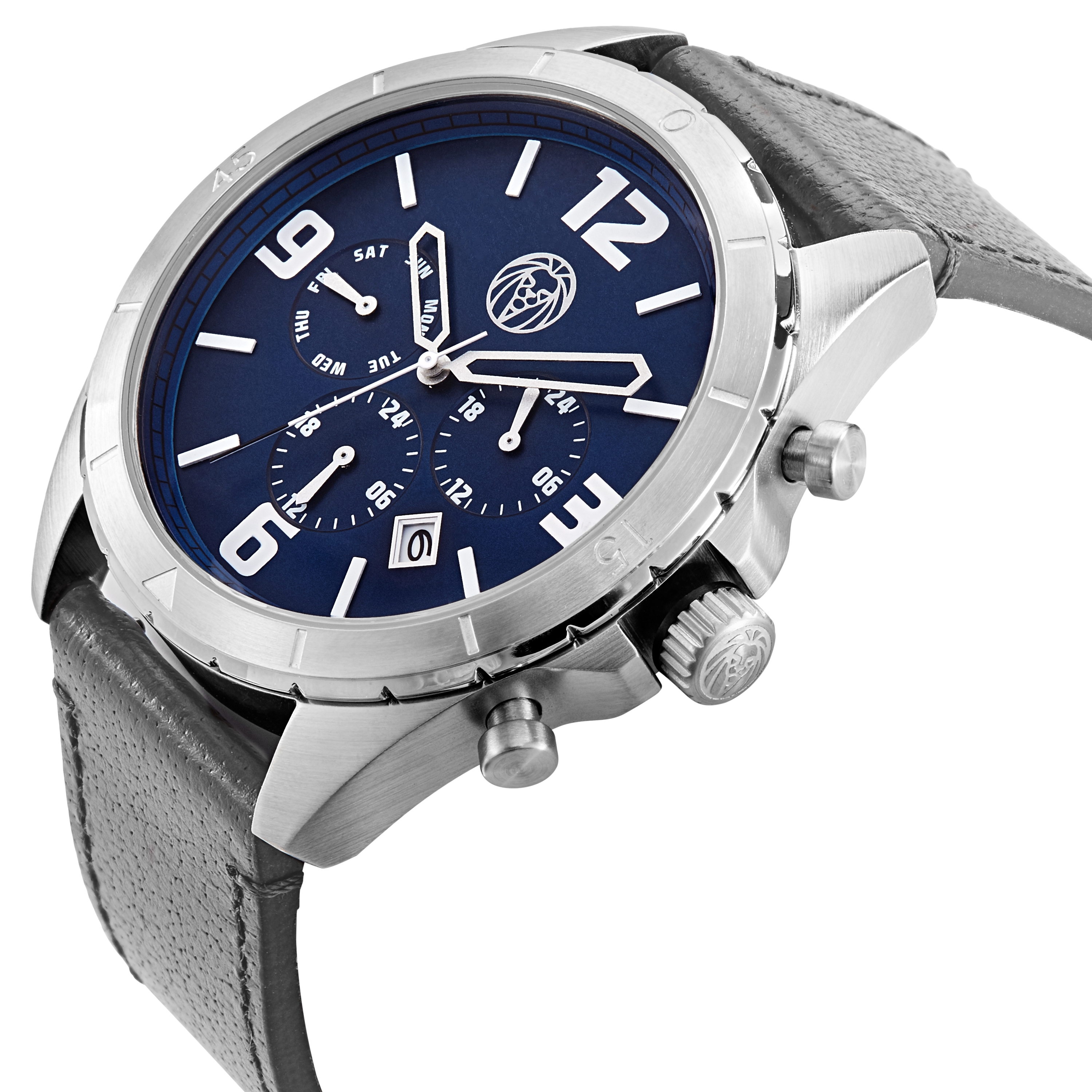 Alton | Silver-Tone Chronograph Watch With Blue Dial & Dark Grey Leather Strap - 2
