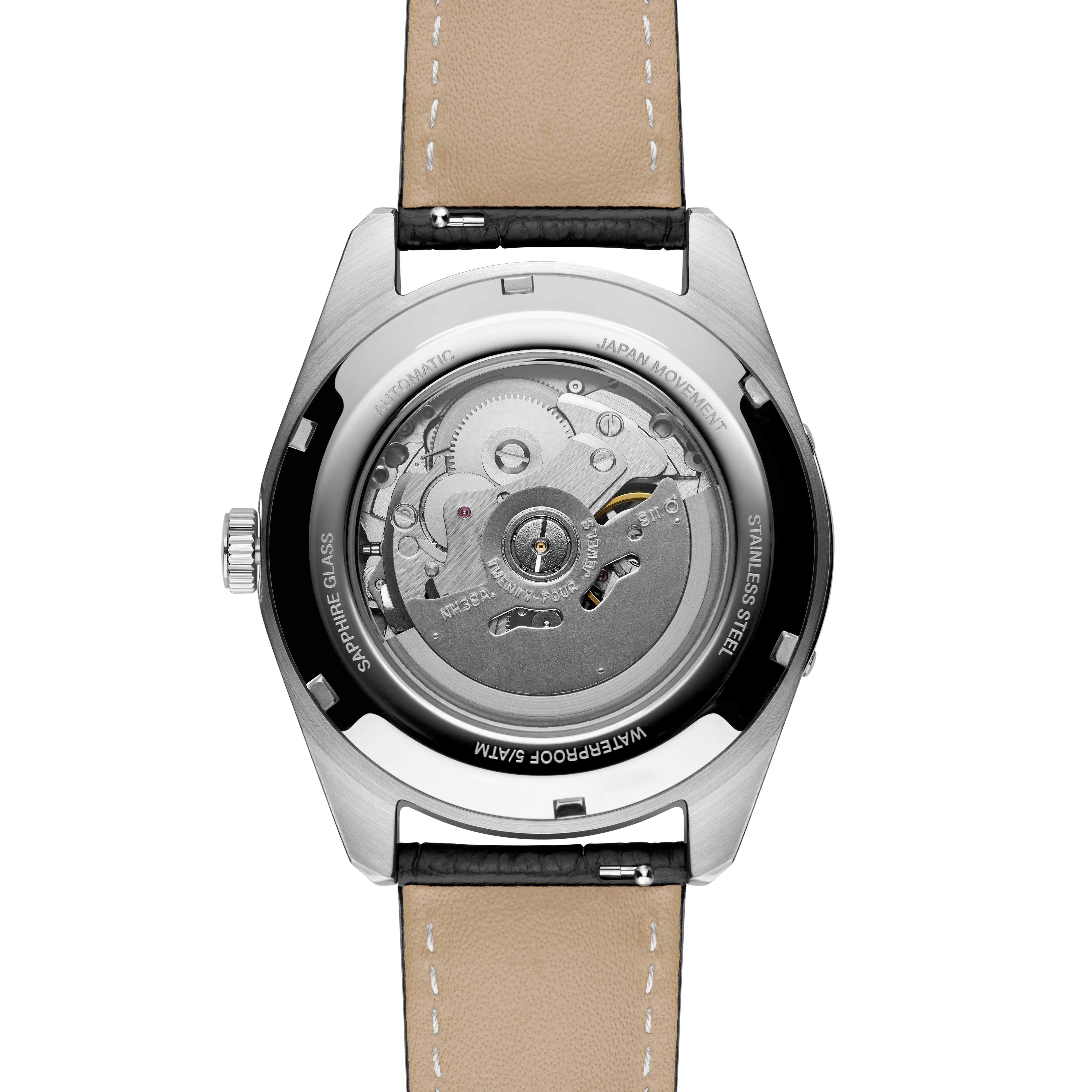 Fenes | Silver-Tone Open-heart Skeleton Watch With Black Dial & Black Leather Strap - 6
