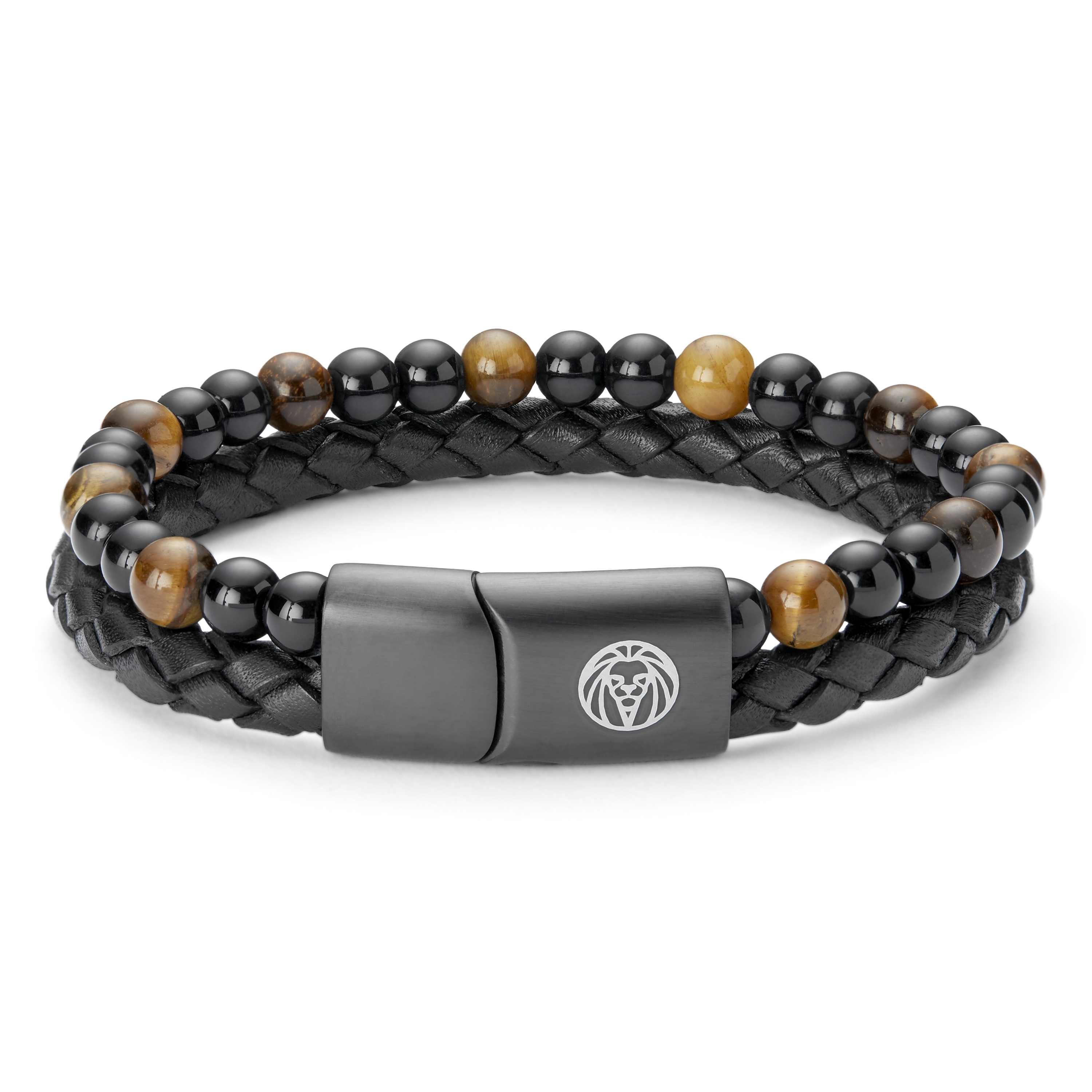 Icon | Black Leather, Onyx & Tiger's Eye Double Bracelet | In