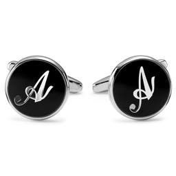Round Silver-Tone & Black Letter A Initial Cufflinks