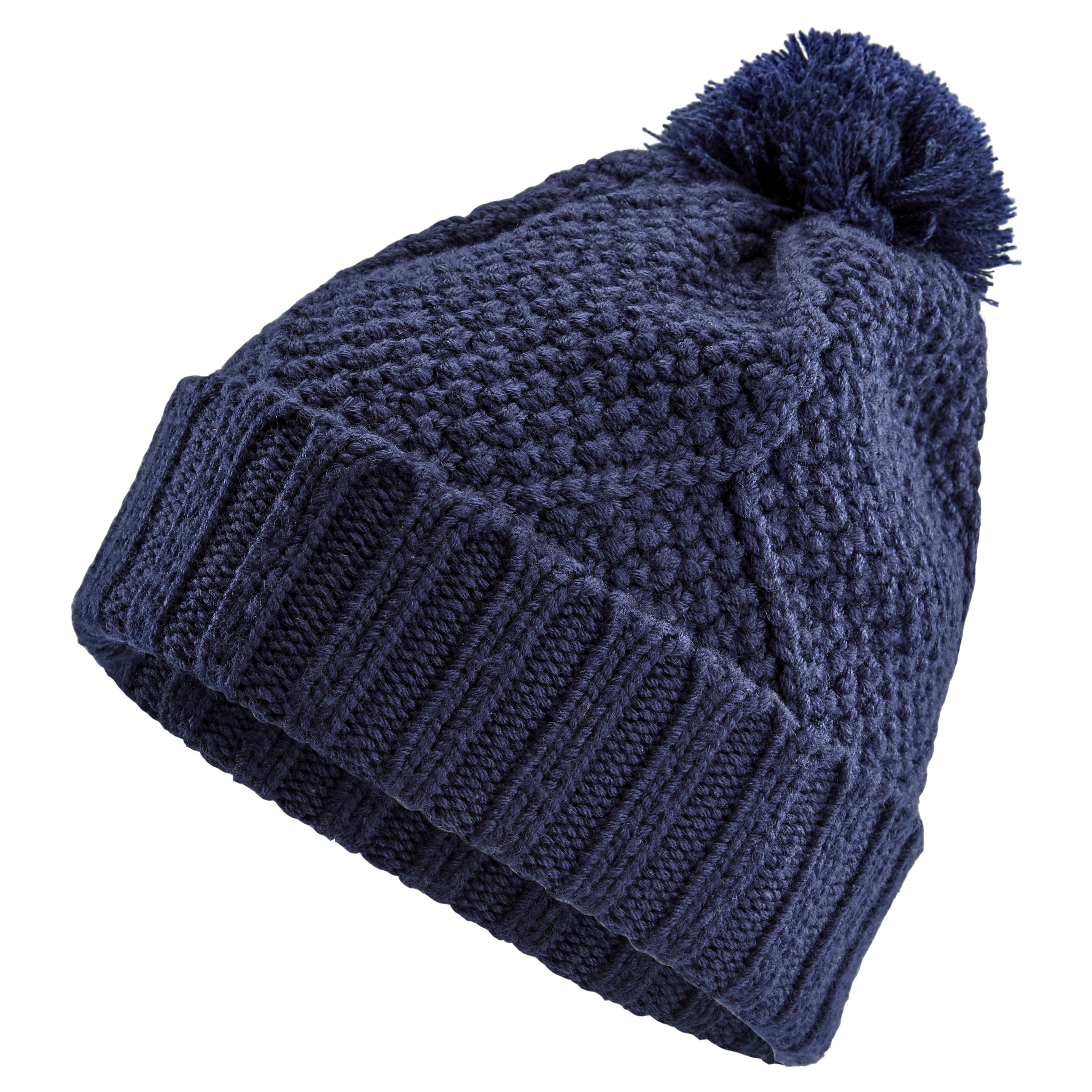 Grand bonnet de laine tricoté à pompon bleu foncé. Accessoire d