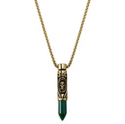 Rico náhrdelník s přívěskem ve tvaru náboje se zeleným onyxem a lebkou ve zlaté barvě 