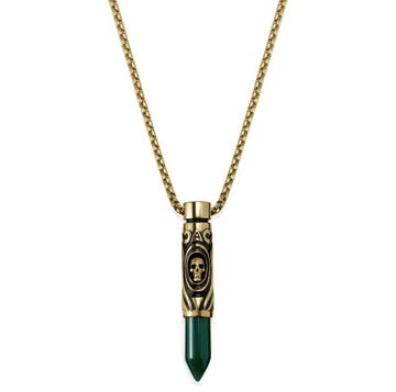 Rico Gold-tone Green Onyx and Skull Bullet Pendant Necklace