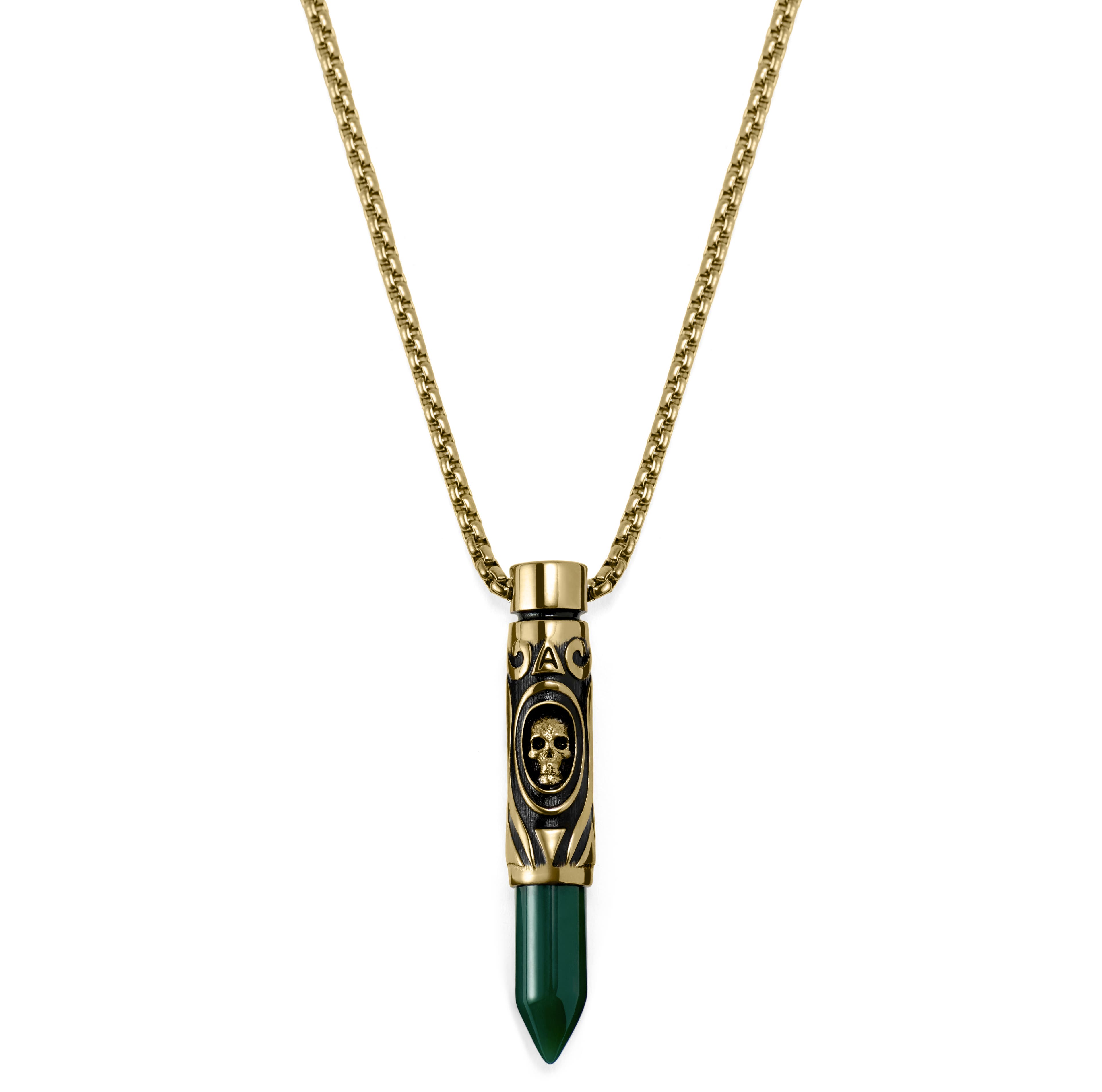 Rico | Gold-Tone Skull & Green Onyx Bullet Box Chain Necklace