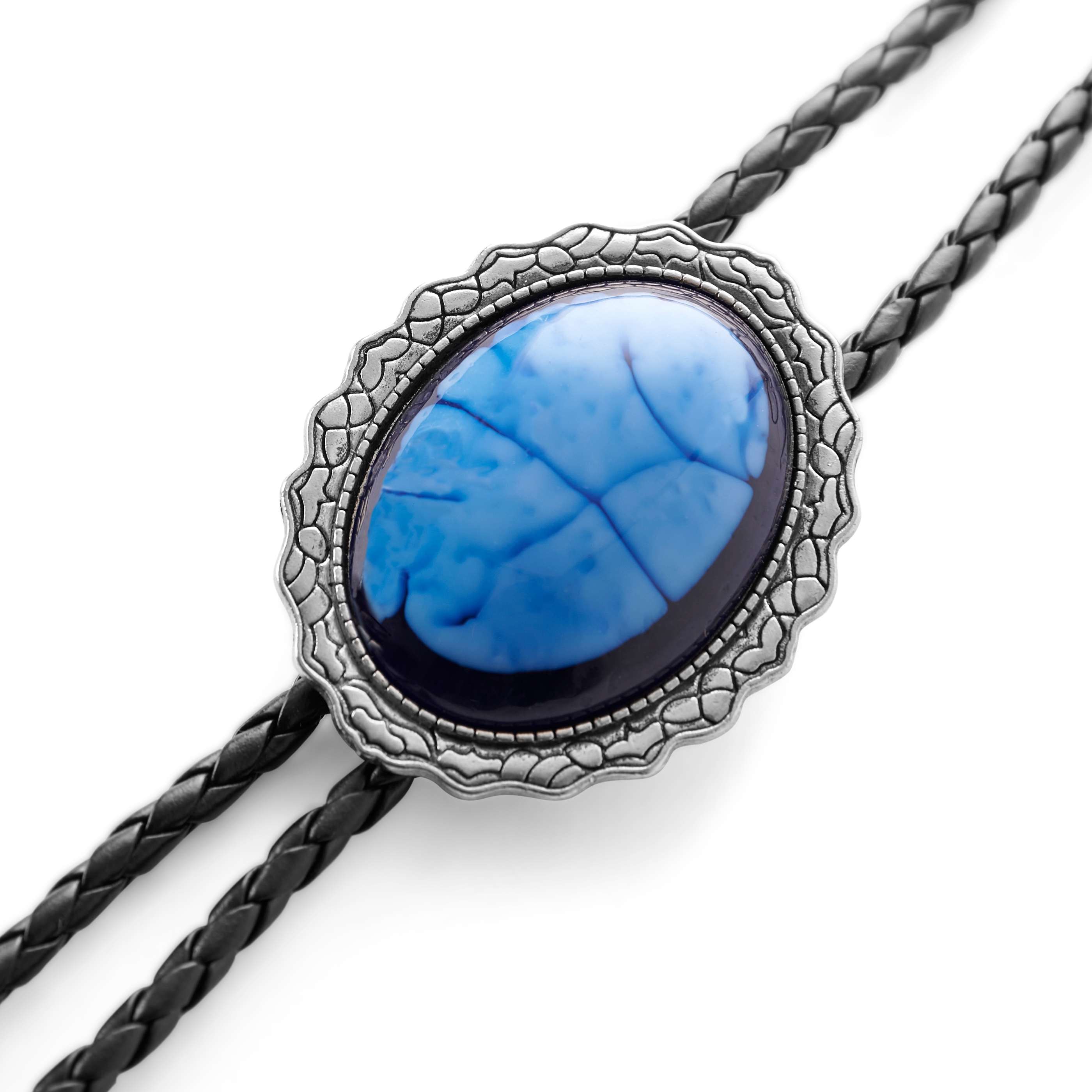 Blue Stone & Metal Feathers Adjustable Braided Leather Bolo Tie - 3