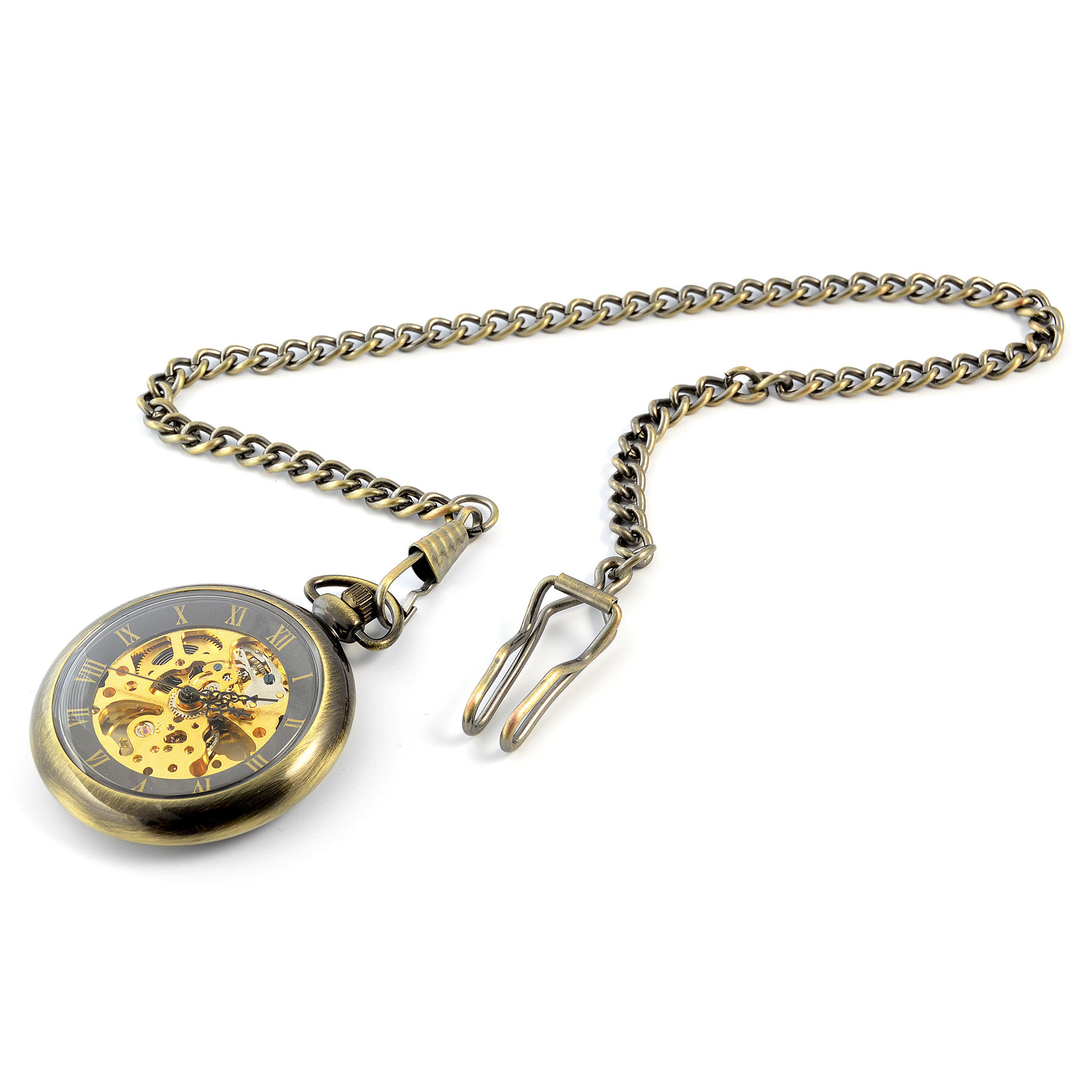 Gold-Tone Retro Mechanical Pocket Watch With Gold-Tone Movement & Gold-Tone Cable Chain