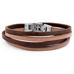 Light Brown Leather & Stainless Steel Double Wrap Bracelet