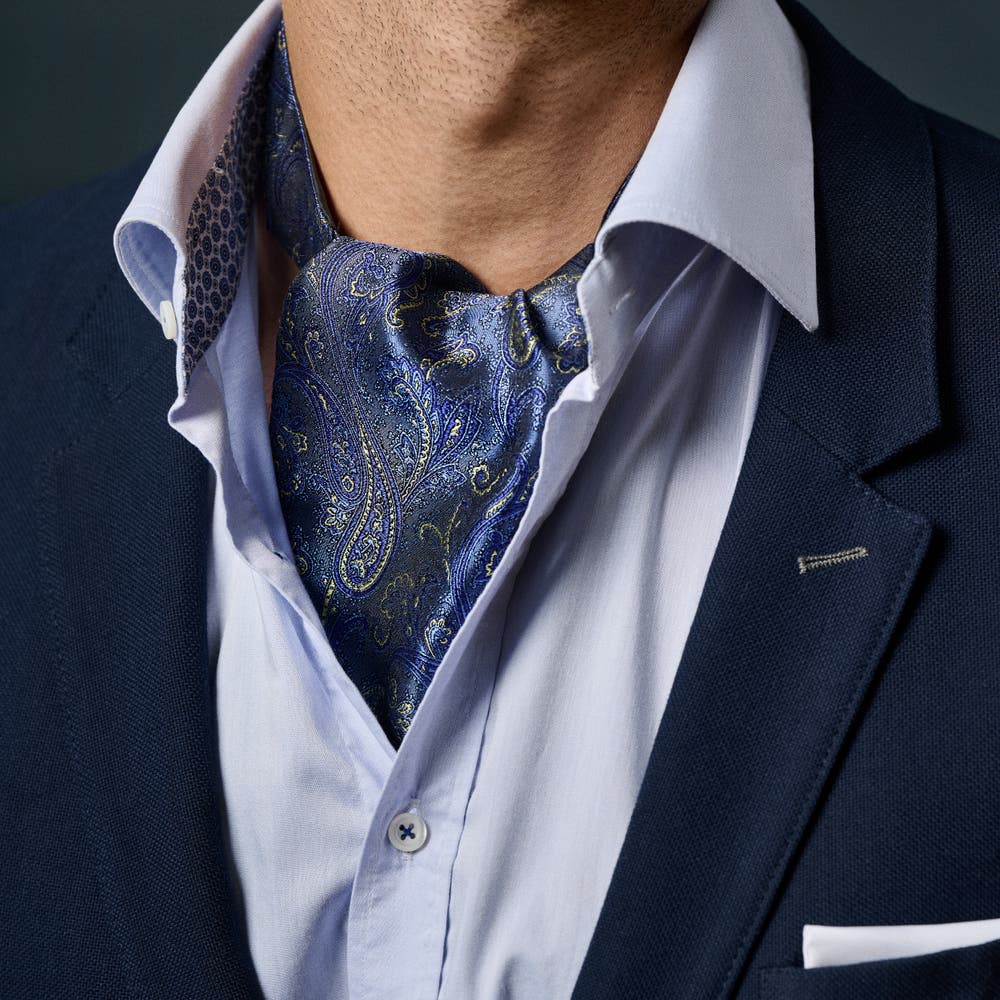 hover: Light Blue & Gold Paisley Pattern Silk Ascot hover: Light Blue & Gold Paisley Pattern Silk Ascot