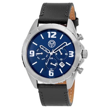 Alton | Silver-Tone Chronograph Watch With Blue Dial & Black Leather Strap