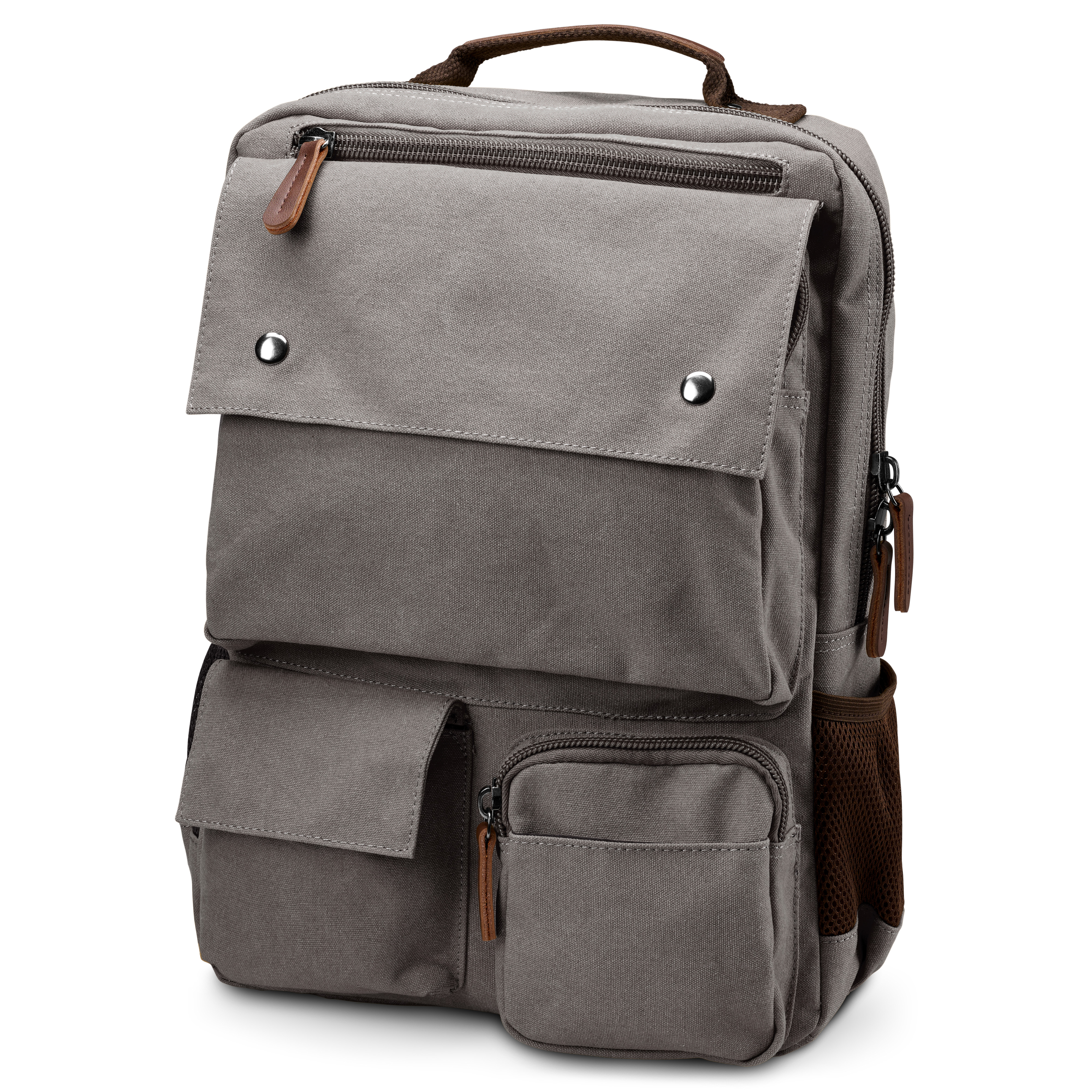 Metallic Grau Canvas & Braun Leder Kompakt Rucksack | Auf Lager! | Trendhim