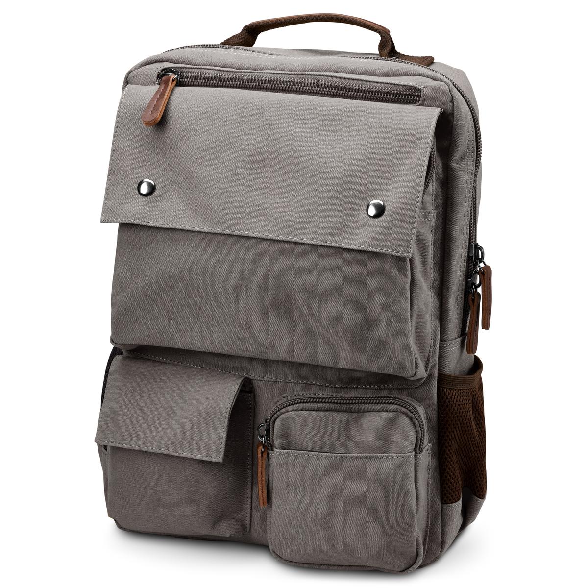 Metallic Grau Canvas & Braun Leder Kompakt Rucksack | Auf Lager! | Trendhim