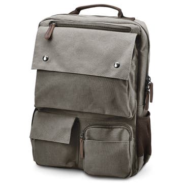 Metallic Grey Canvas & Brown Leather Compact Backpack Metallic Grey Canvas & Brown Leather Compact Backpack