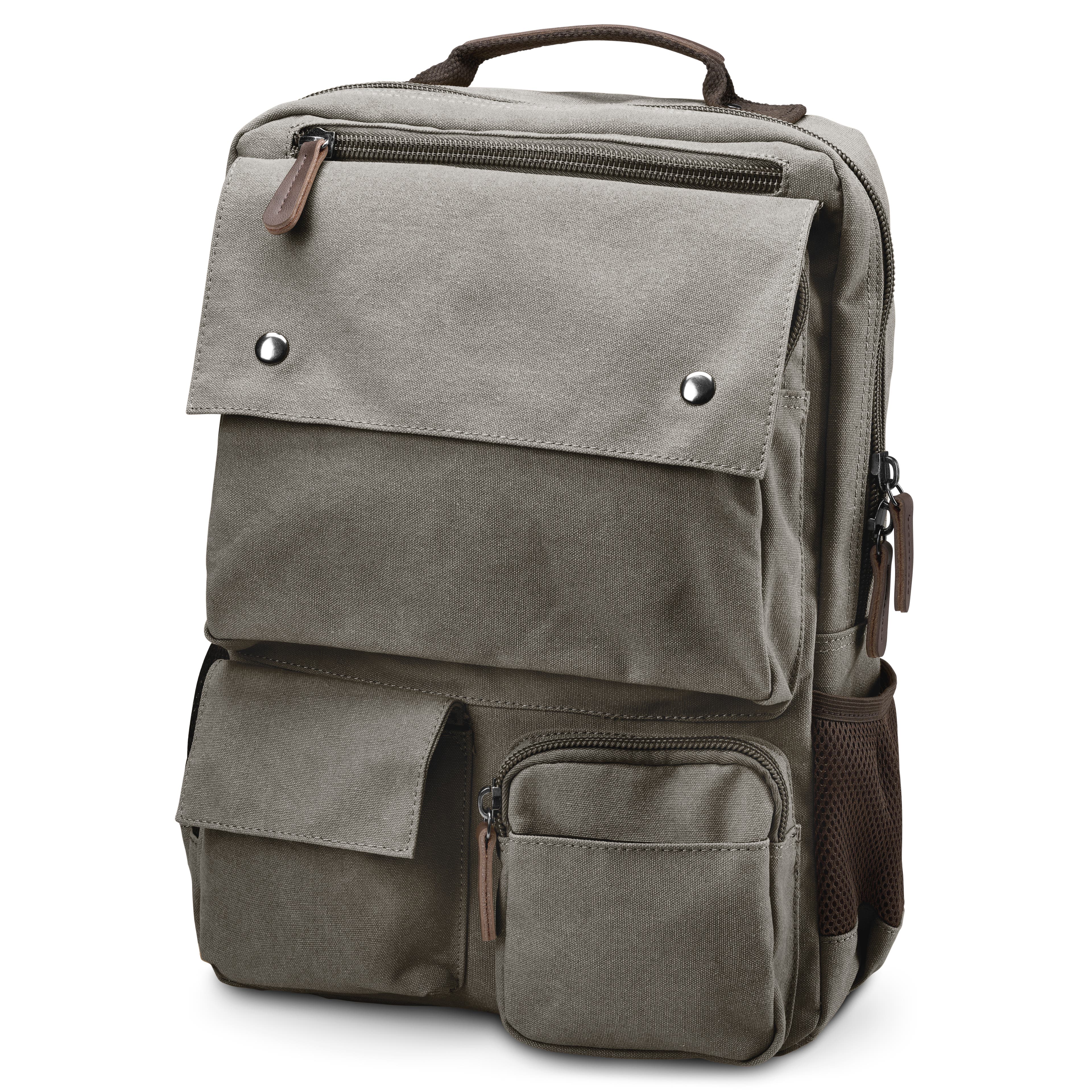 Metallic Grey Canvas & Brown Leather Compact Backpack Metallic Grey Canvas & Brown Leather Compact Backpack