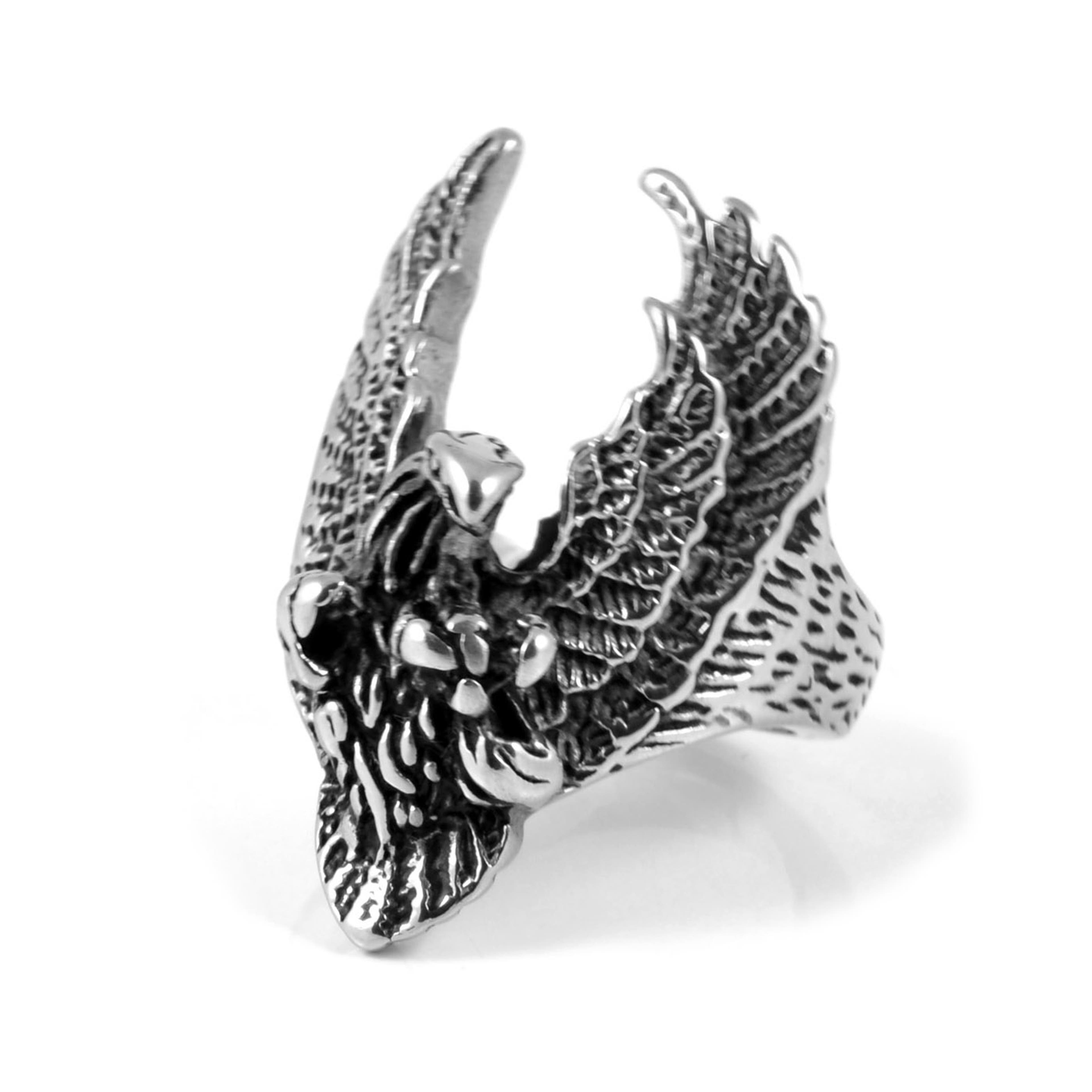 XL Silver-Tone & Black Stainless Steel Eagle Ring