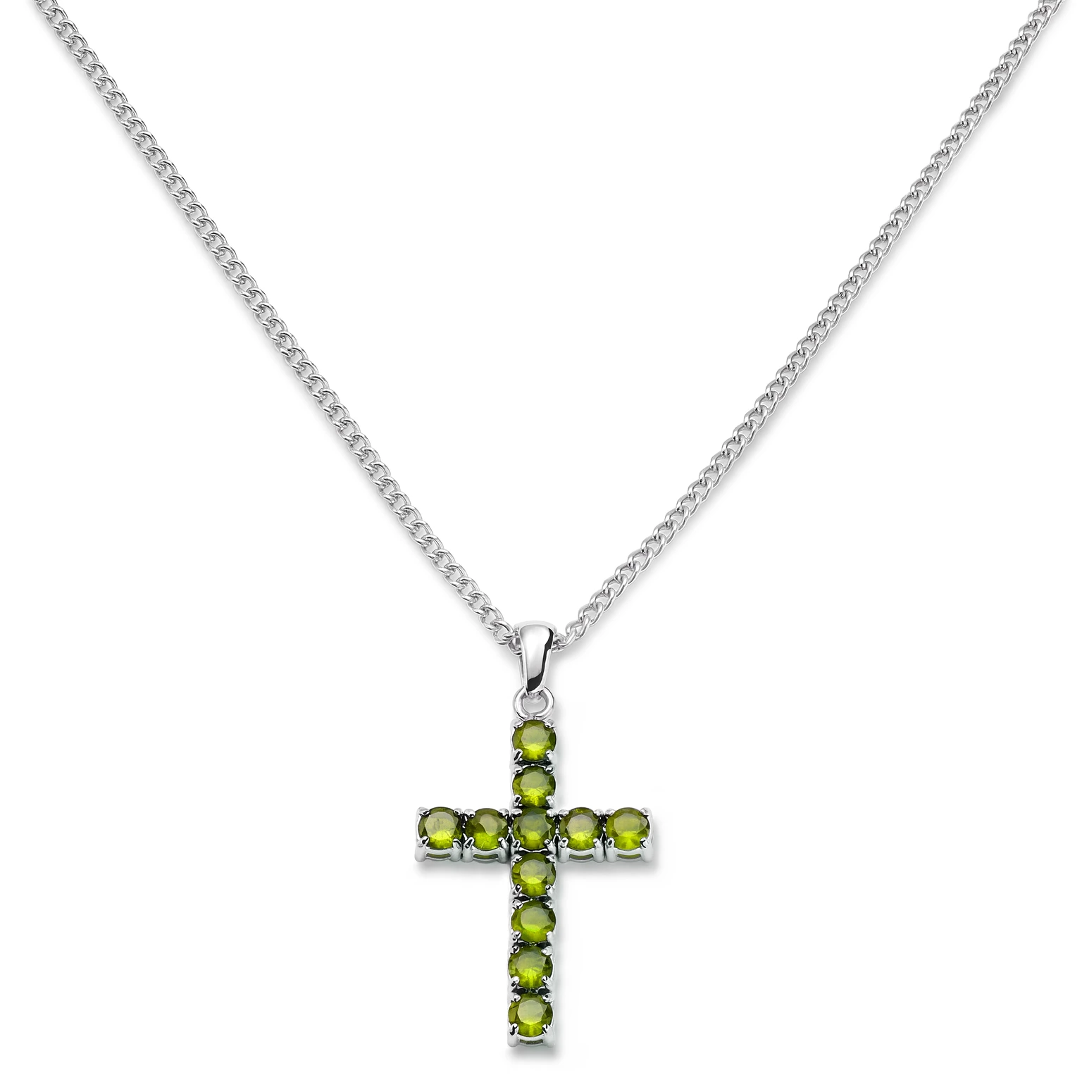 Prism | Silberfarbene Halskette mit Kreuz und Zirkonia in Peridotgrün Prism | Silberfarbene Halskette mit Kreuz und Zirkonia in Peridotgrün