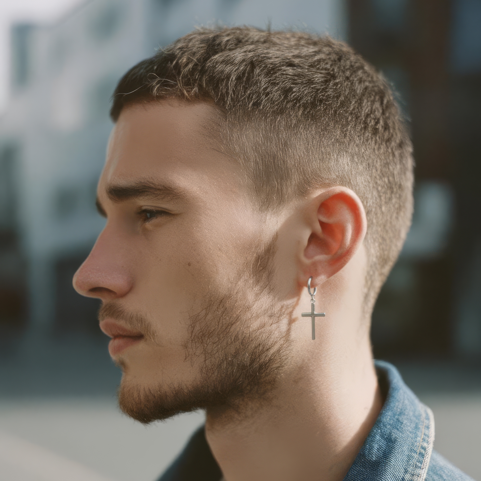 Silver-Tone Titanium Drop Hoop Earring With Cross Charm - 2