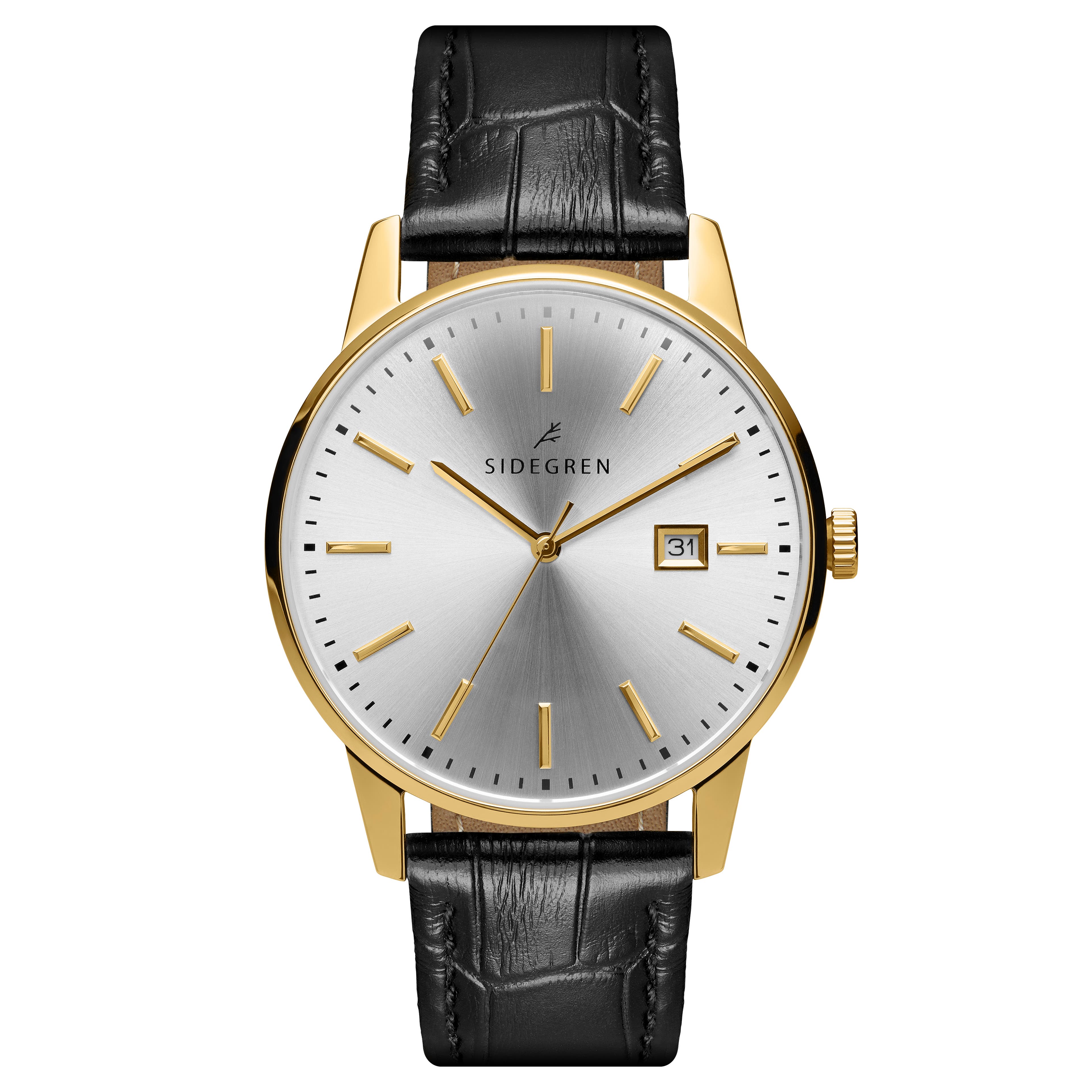 Patriarch | Gold-Tone Dress Watch With Steel Dial & Black Leather Strap